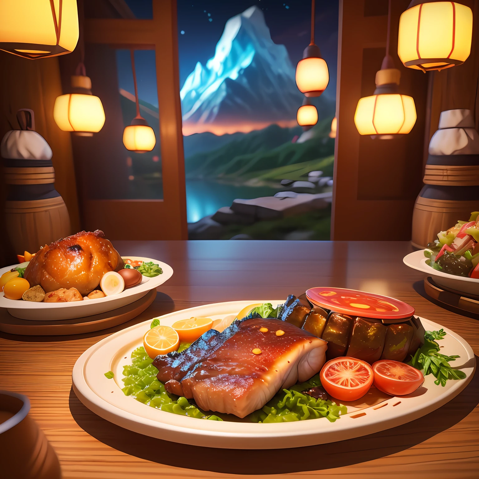 fantasy-inspired、Game Scene Atmosphere Map、pixer style、A few plates of food on the table、large chunks of burnt meat、Stewed meat、Steamed fish、Table-filling dishes、Glass Drink Cup、Restaurant at night、casual play style、Low-poly、Low-poly、Supreme Detail、3D、masterpiece、top-quality、unrealengine、Cartoon rendering、8K