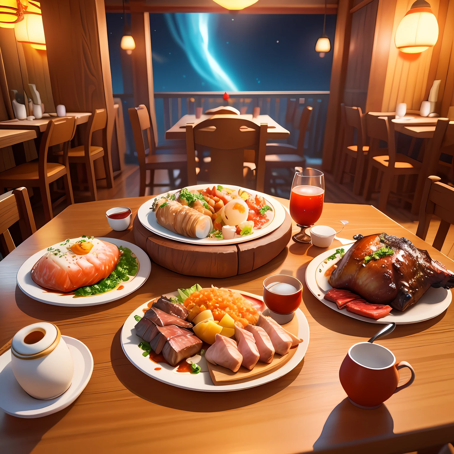 fantasy-inspired、Game Scene Atmosphere Map、pixer style、A few plates of food on the table、large chunks of burnt meat、Stewed meat、Steamed fish、Table-filling dishes、Glass Drink Cup、Restaurant at night、casual play style、Low-poly、Low-poly、Supreme Detail、3D、​masterpiece、top-quality、unrealengine、Cartoon rendering、8K