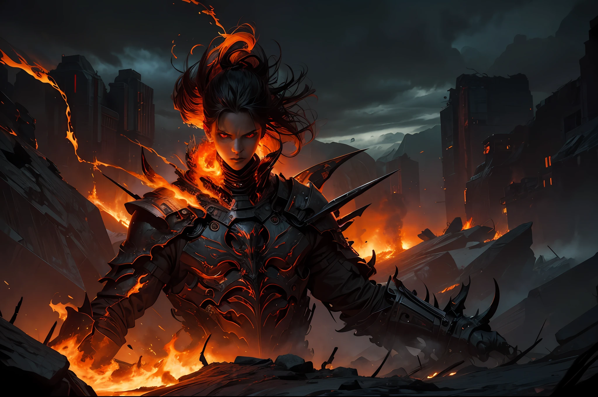 "An epic and cinematic artwork depicting the 'Hell Messenger', showcasing unparalleled detail and breathtaking quality. Utilize dynamic lighting and angles to capture the intense and ominous atmosphere. The protagonist should have dark, fiery eyes and a menacing appearance. Surround them with a hellish landscape, filled with swirling flames, billowing smoke, and shattered structures. Create a sense of chaos and destruction, with demons lurking in the shadows. Emphasize the contrast between light and darkness, with vibrant red and orange hues dominating the color palette. This artwork should evoke a feeling of awe and fear, leaving viewers captivated by the infernal beauty."