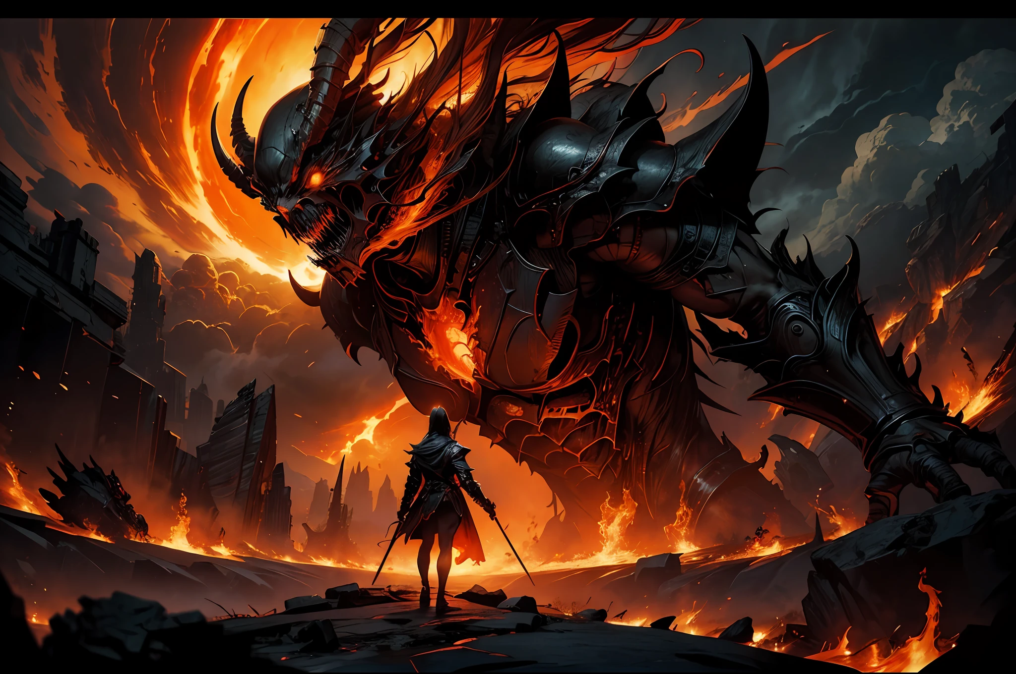 "An epic and cinematic artwork depicting the 'Hell Messenger', showcasing unparalleled detail and breathtaking quality. Utilize dynamic lighting and angles to capture the intense and ominous atmosphere. The protagonist should have dark, fiery eyes and a menacing appearance. Surround them with a hellish landscape, filled with swirling flames, billowing smoke, and shattered structures. Create a sense of chaos and destruction, with demons lurking in the shadows. Emphasize the contrast between light and darkness, with vibrant red and orange hues dominating the color palette. This artwork should evoke a feeling of awe and fear, leaving viewers captivated by the infernal beauty."