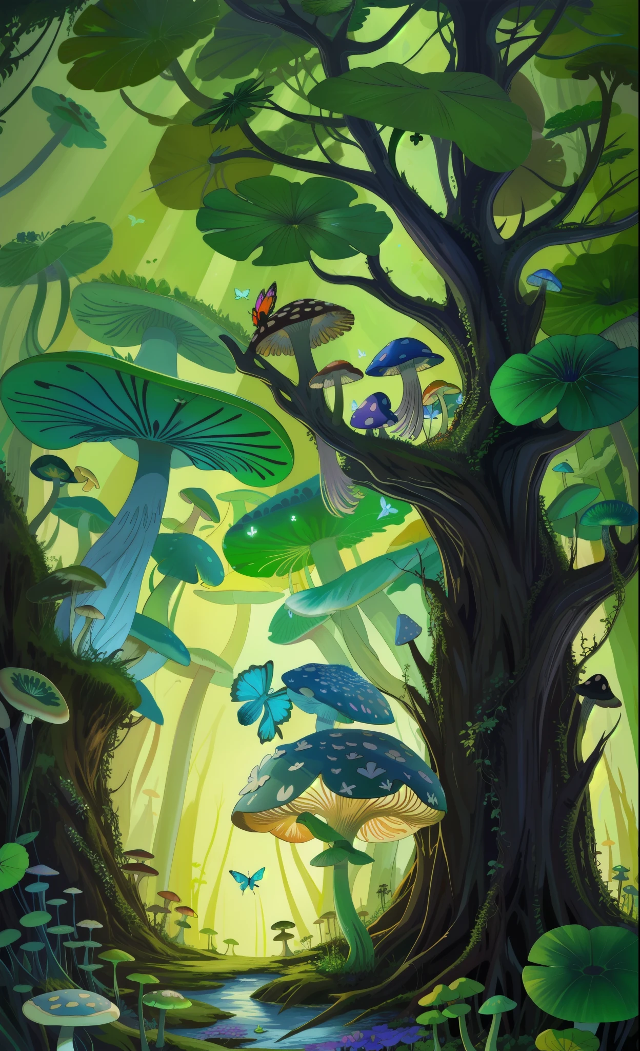 "Mushroom forest with glass goblet,s fractal art,rios,crystal,morning glory,butterflys,Various insects,tropical fishes,rosette,lotuses,four-leaf clover,morning glory,peach blossom,Cyber Mushroom Forest,Ultra-detailed digital fantasy art。Mushrooms are everywhere in the picture,The unique mushroom shape creates a magical casa scene。"