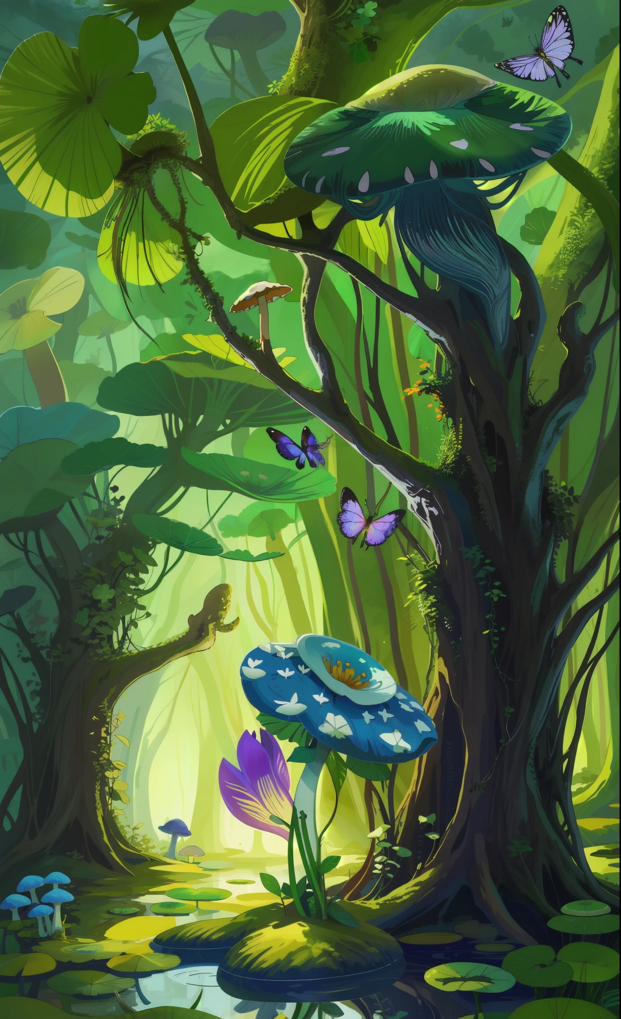"Mushroom forest with glass goblet,s fractal art,rios,crystal,morning glory,butterflys,Various insects,tropical fishes,rosette,lotuses,four-leaf clover,morning glory,peach blossom,Cyber Mushroom Forest,Ultra-detailed digital fantasy art。Mushrooms are everywhere in the picture,The unique mushroom shape creates a magical casa scene。"