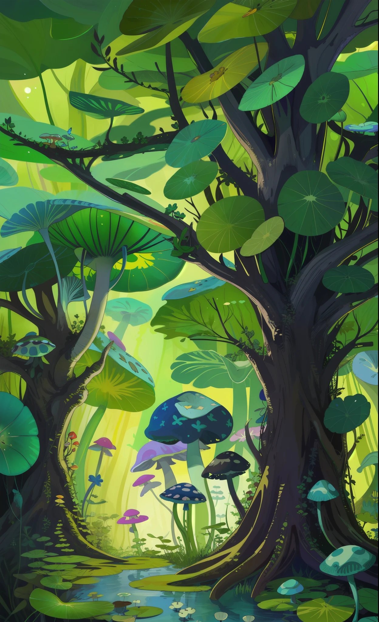 "Mushroom forest with glass goblet，s fractal art，rios，crystal，morning glory，butterflys，Various insects，tropical fishes，rosette，lotuses，four-leaf clover，morning glory，peach blossom，Cyber Mushroom Forest，Ultra-detailed digital fantasy art。Mushrooms are everywhere in the picture，The unique mushroom shape creates a magical casa scene。"
