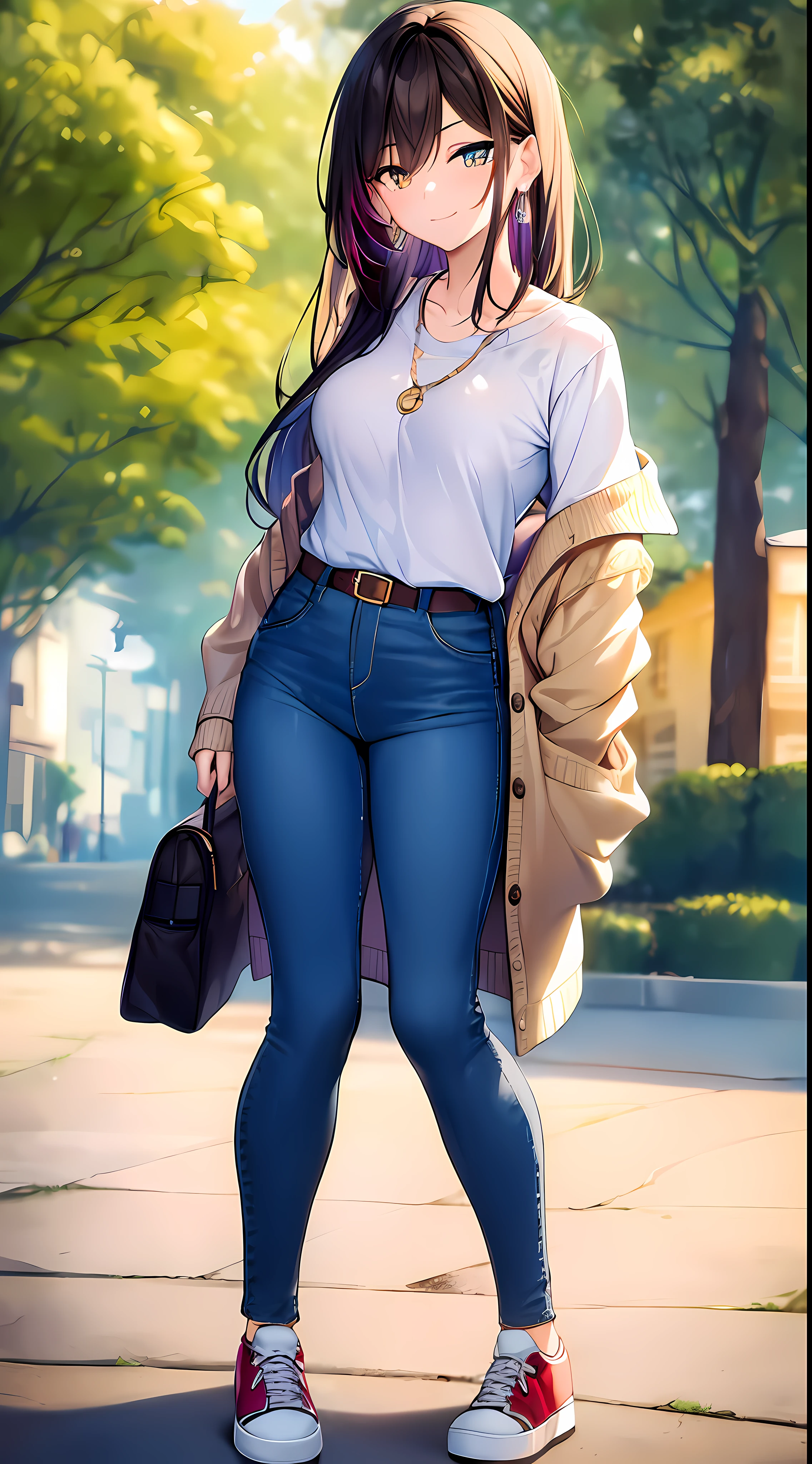 (masterpiece), best quality, (expressive eyes), perfect face, multicolored hair, many line in hair, long straight hair, enigmatic eyes, smirk, earings, pendant, wink, ((detailed pupils)), (bright eyes: 1.3), short body, lylac shirt, cardigan, sneaker shoes, cute bag, long jeans pant, cute belt, contrapposto,
(Street: 0.2), sunny day, outdoor, cozy, bokeh, HDR, UHDR, 4K, 8K, 64K, ((highly detailed)), sunray