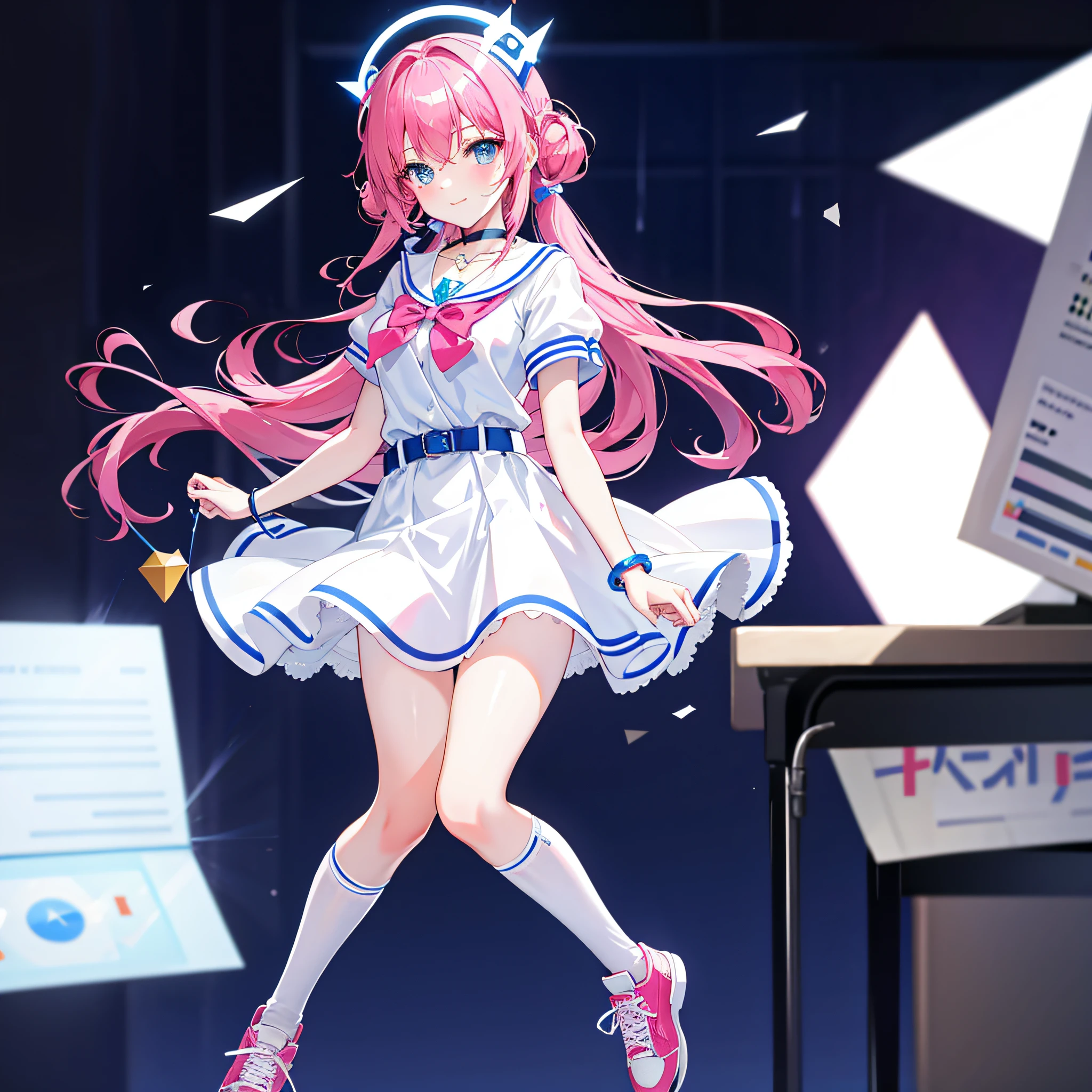 In the classroom,Beautiful Girls' High School,Brightly colored curls,Large, Bright round eyes,Clear blue eyes,Reddening cheeks,Flushing,White dress in minimalist style,Blue bow belt,ribbon on blue,Pink leather shoes and cartoon animal motif,Holding a book in his hand,Smart and curious eyes,Elegant posture and confident smile sweet、Lovely and young atmosphere,Wearing a cute bracelet,pendant,choker necklace,head gear。Wear over-the-knee socks,Leg socks,athletic sneakers。Falling debris and paper。Masterpiece, Best quality, HD, 8K, A high resolution, Super resolution,