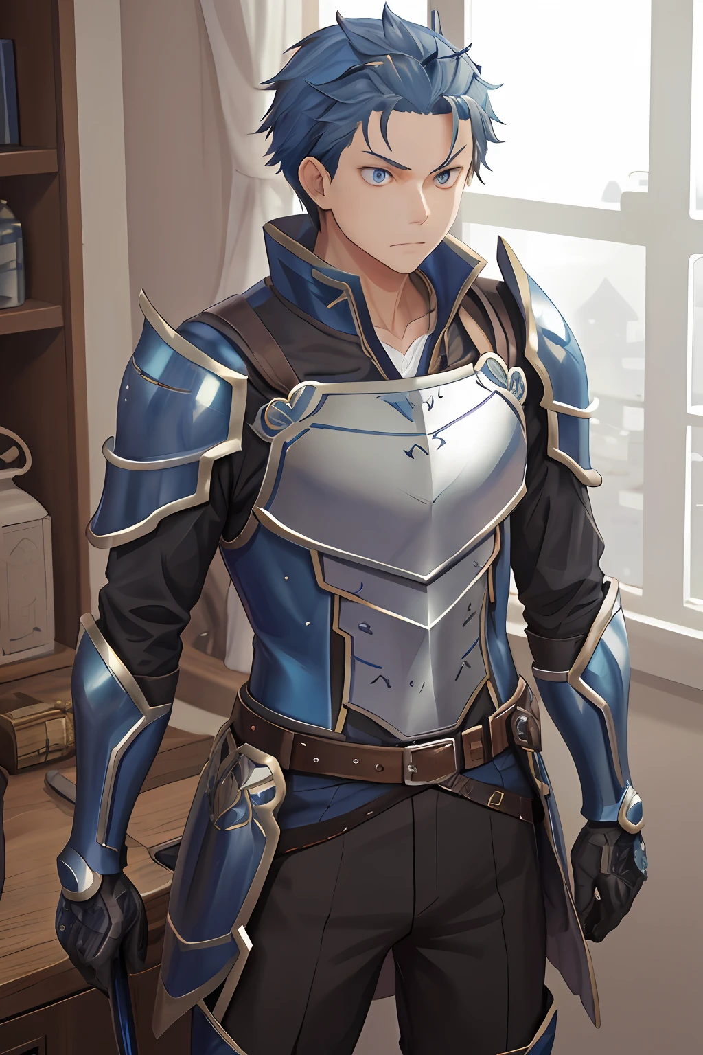 (1 Adult male),A high resolution, Sharp focus, Pixiv masterpiece, ((Complicated details)), highly detailed, natsuki_subaru, 1 man, The expression is serious,full bodyesbian, blue colored eyes(eyes glowing), blue short hair,Blue armor,Wear arm guards,Wear a belt,perspire,look from down