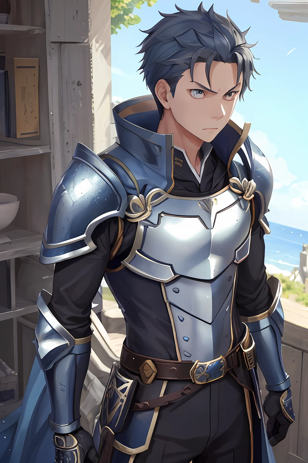 （1 Adult male），A high resolution， Sharp focus， Pixiv masterpiece， （（Complicated details））， highly  detailed， natsuki_subaru， 1 man， The expression is serious，full bodyesbian， blue colored eyes（eyes glowing）， blue short hair，Blue armor，Wear arm guards，Wear a belt，perspire，look from down