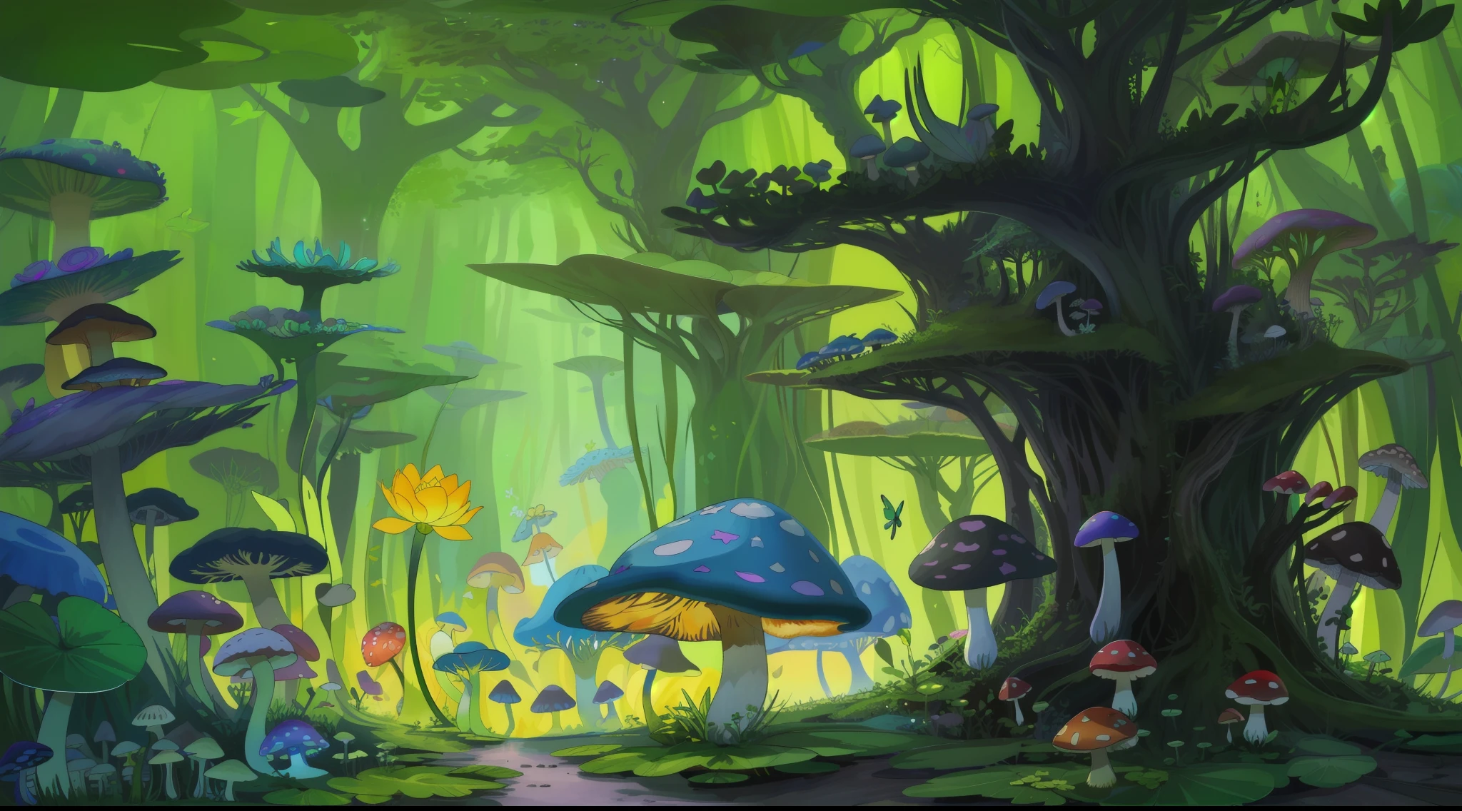 "Mushroom forest with glass goblet，s fractal art，rios，crystal，morning glory，butterflys，Various insects，tropical fishes，rosette，lotuses，four-leaf clover，morning glory，peach blossom，Cyber Mushroom Forest，Ultra-detailed digital fantasy art。Mushrooms are everywhere in the picture，The unique mushroom shape creates a magical casa scene。"