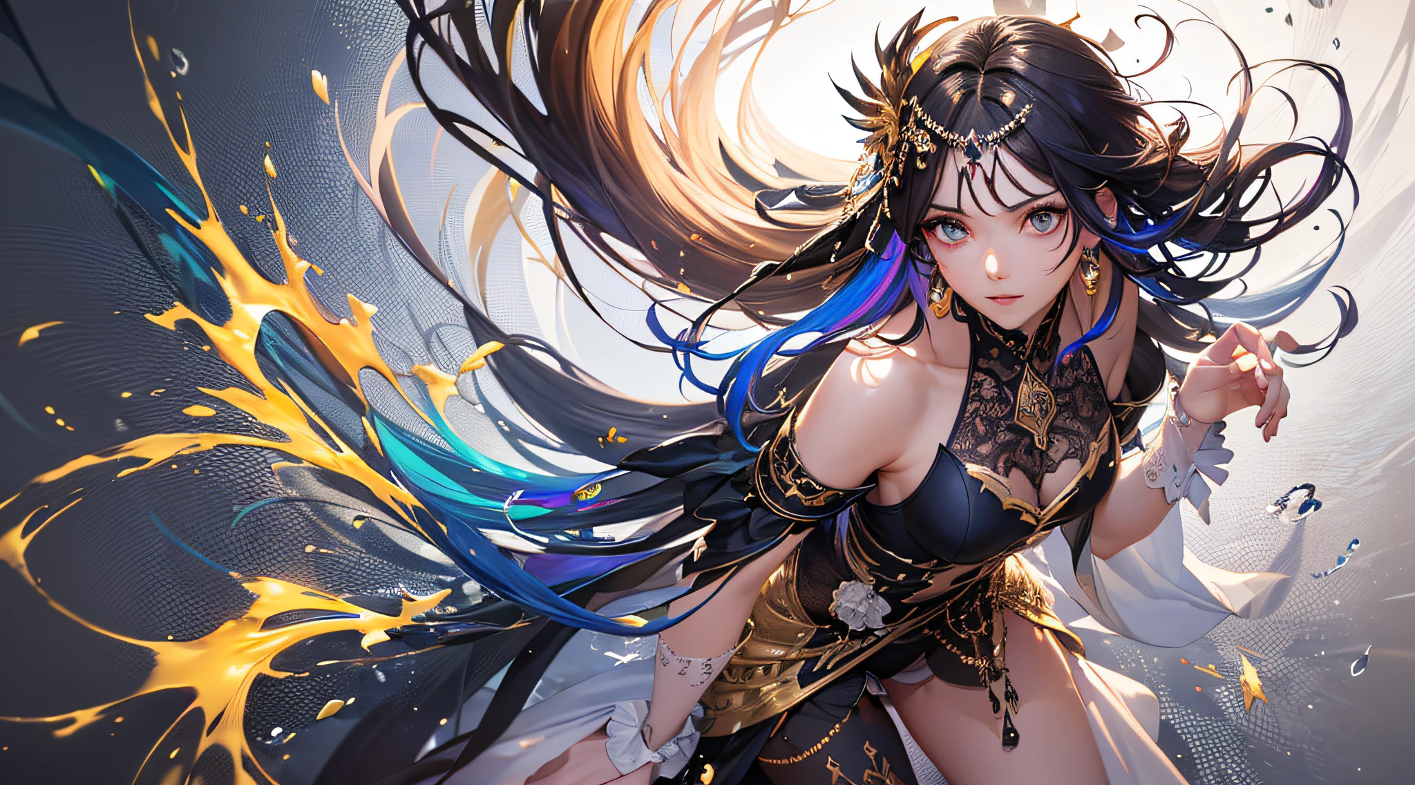 8k, RAW photo, realistic, photo-realistic, hyper-realistic, highest quality, best quality, masterpiece, highly detailed, absurdres,
masterpiece, best quality, (extremely detailed CG unity 8k wallpaper, masterpiece, best quality, ultra-detailed, best shadow), (detailed background), (beautiful detailed face, beautiful detailed eyes), High contrast, (best illumination), 1girl, Australian, multicoloured hair, beautiful, ((colourful paint splashes on transparent background, dulux)), ((caustic)), dynamic angle,beautiful detailed glow,full body, cowboy shot,