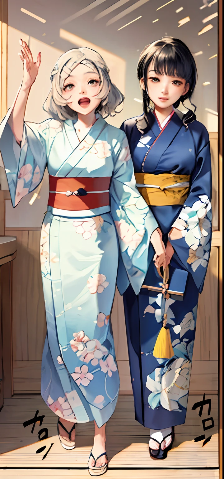 Two women in kimonos stand side by side, inspired by Nishikawa Sukenobu, ((wearing aristocrat robe)),, japanese shoujo manga, Floor plan about the《Ishida art manga》, Wearing a kimono