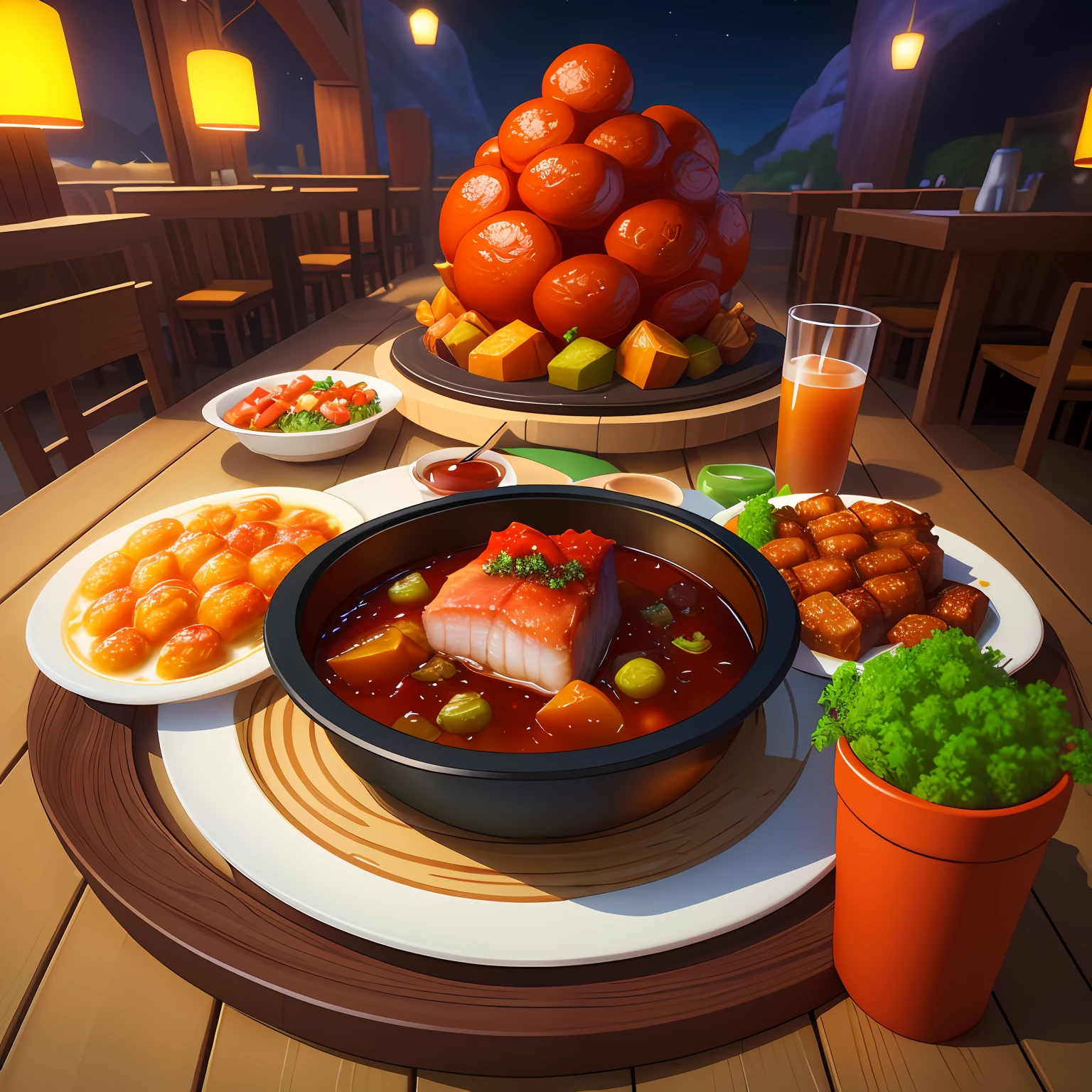 fantasy-inspired、Game Scene Atmosphere Map、pixer style、A few plates of food on the table、large chunks of burnt meat、Stewed meat、Steamed fish、Table-filling dishes、Glass Drink Cup、Restaurant at night、casual play style、Low-poly、Low-poly、Supreme Detail、3D、masterpiece、top-quality、unrealengine、Cartoon rendering、8K