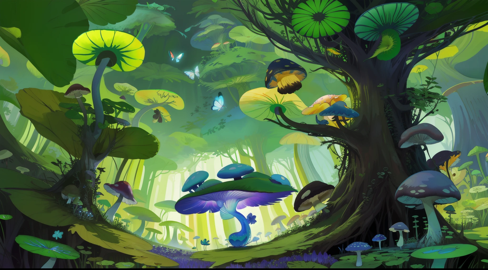 "Mushroom forest with glass goblet，s fractal art，rios，crystal，morning glory，butterflys，Various insects，tropical fishes，rosette，lotuses，four-leaf clover，morning glory，peach blossom，Cyber Mushroom Forest，Ultra-detailed digital fantasy art。Mushrooms are everywhere in the picture，The unique mushroom shape creates a magical casa scene。"