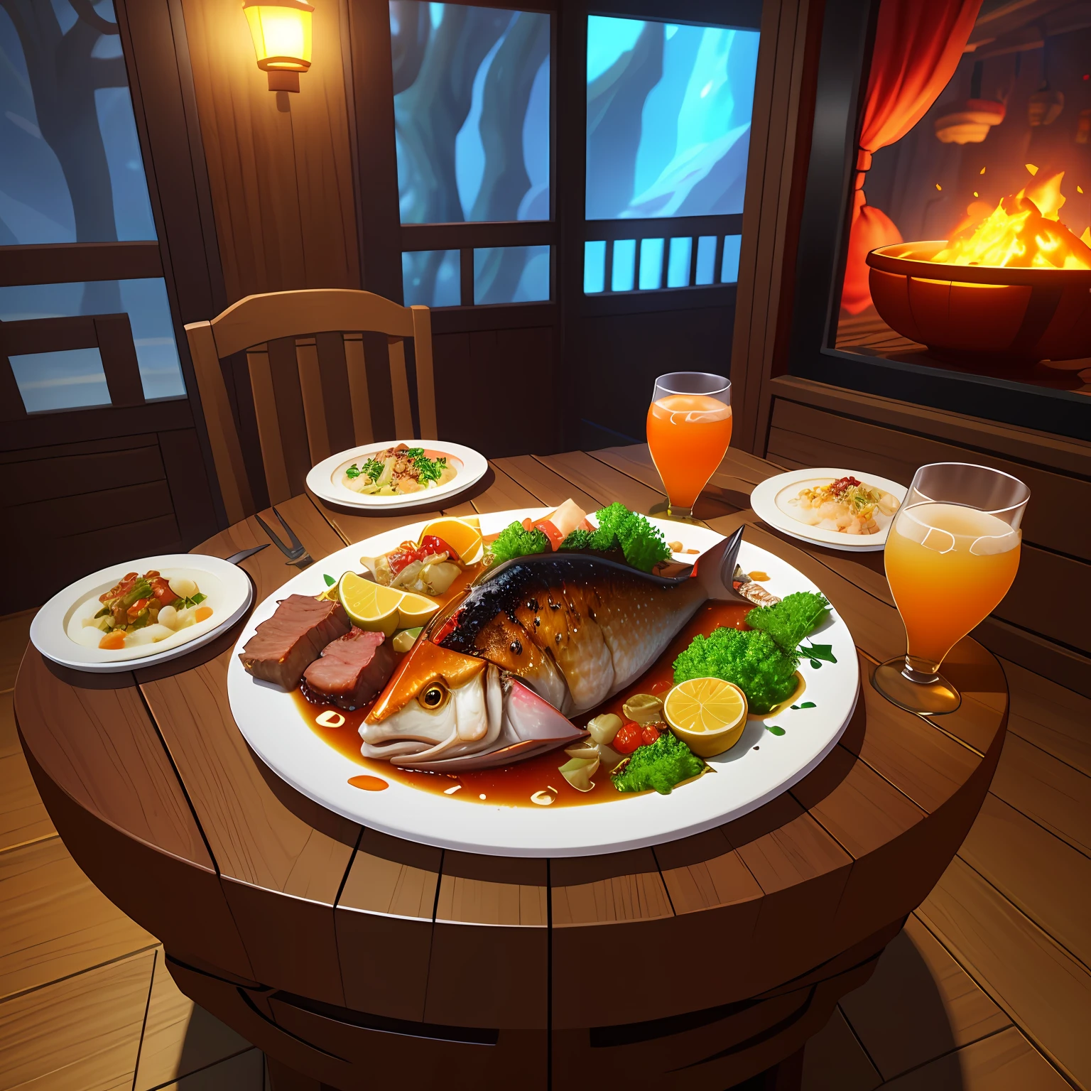 fantasy-inspired、Game Scene Atmosphere Map、pixer style、A few plates of food on the table、large chunks of burnt meat、Stewed meat、Steamed fish、Table-filling dishes、Glass Drink Cup、Restaurant at night、casual play style、Low-poly、Low-poly、Supreme Detail、3D、masterpiece、top-quality、unrealengine、Cartoon rendering、8K