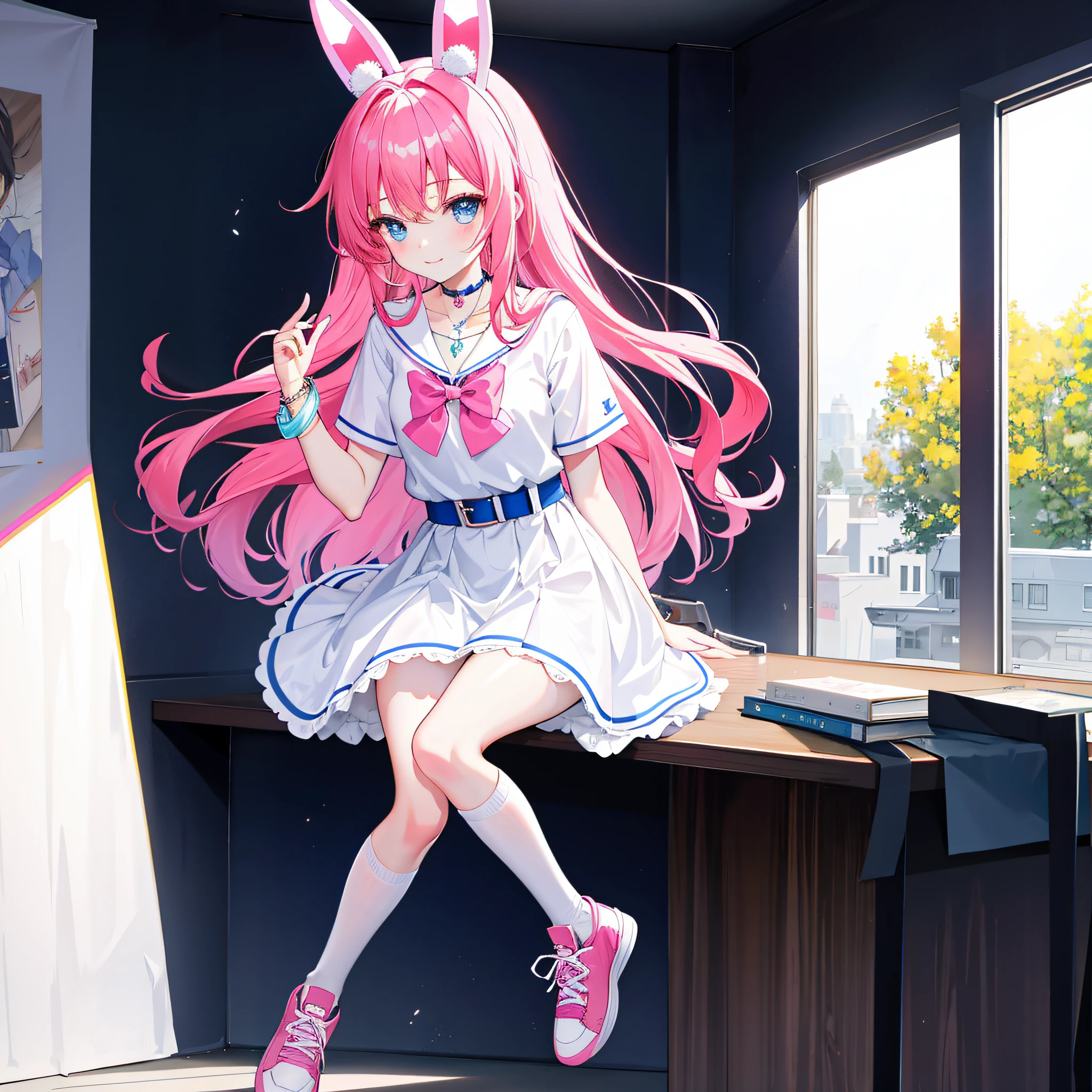 In the classroom,Beautiful Girls' High School,Brightly colored curls,Large, Bright round eyes,Clear blue eyes,Reddening cheeks,Flushing,White dress in minimalist style,Blue bow belt,ribbon on blue,Pink leather shoes and cartoon animal motif,Holding a book in his hand,Smart and curious eyes,Elegant posture and confident smile sweet、Lovely and young atmosphere,Wearing a cute bracelet,pendant,choker necklace,head gear。Wear over-the-knee socks,Leg socks,athletic sneakers。Falling debris and paper。Masterpiece, Best quality, HD, 8K, A high resolution, Super resolution,