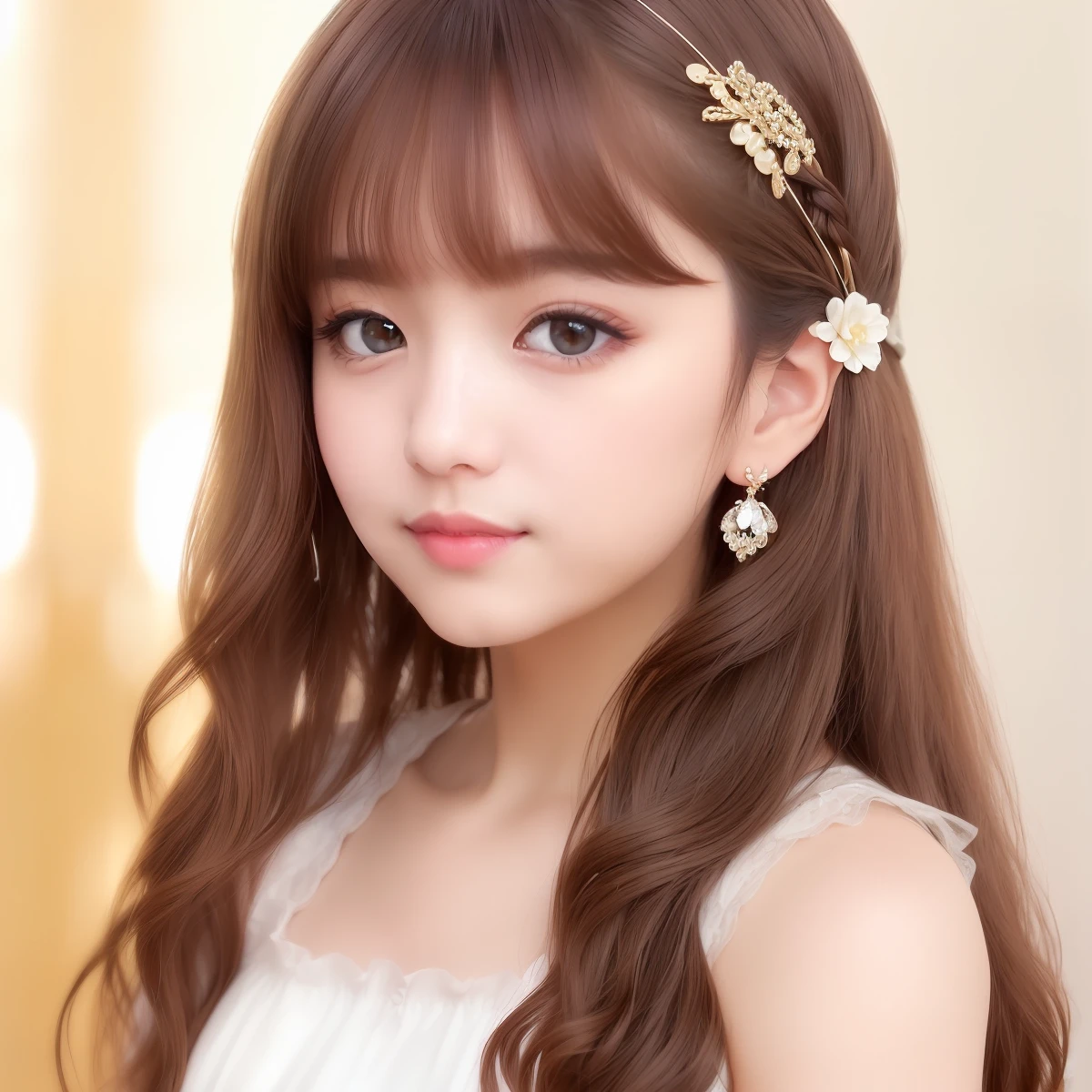 (8K、RAW Photos、top-quality、masterpiece:1.2)、(reallistic、Photorealsitic:1.37)、top-quality、超A high resolution、photon maping、Radio City、Physically Based Rendering、Blurred、Foreground、depth of fields、Blurry background、a picture_\ (Curly\)、motion-blur、(brown__ (The hair), 1girll, long, hair adornments, s lips, hair clips, 独奏, Brown eyes, nase