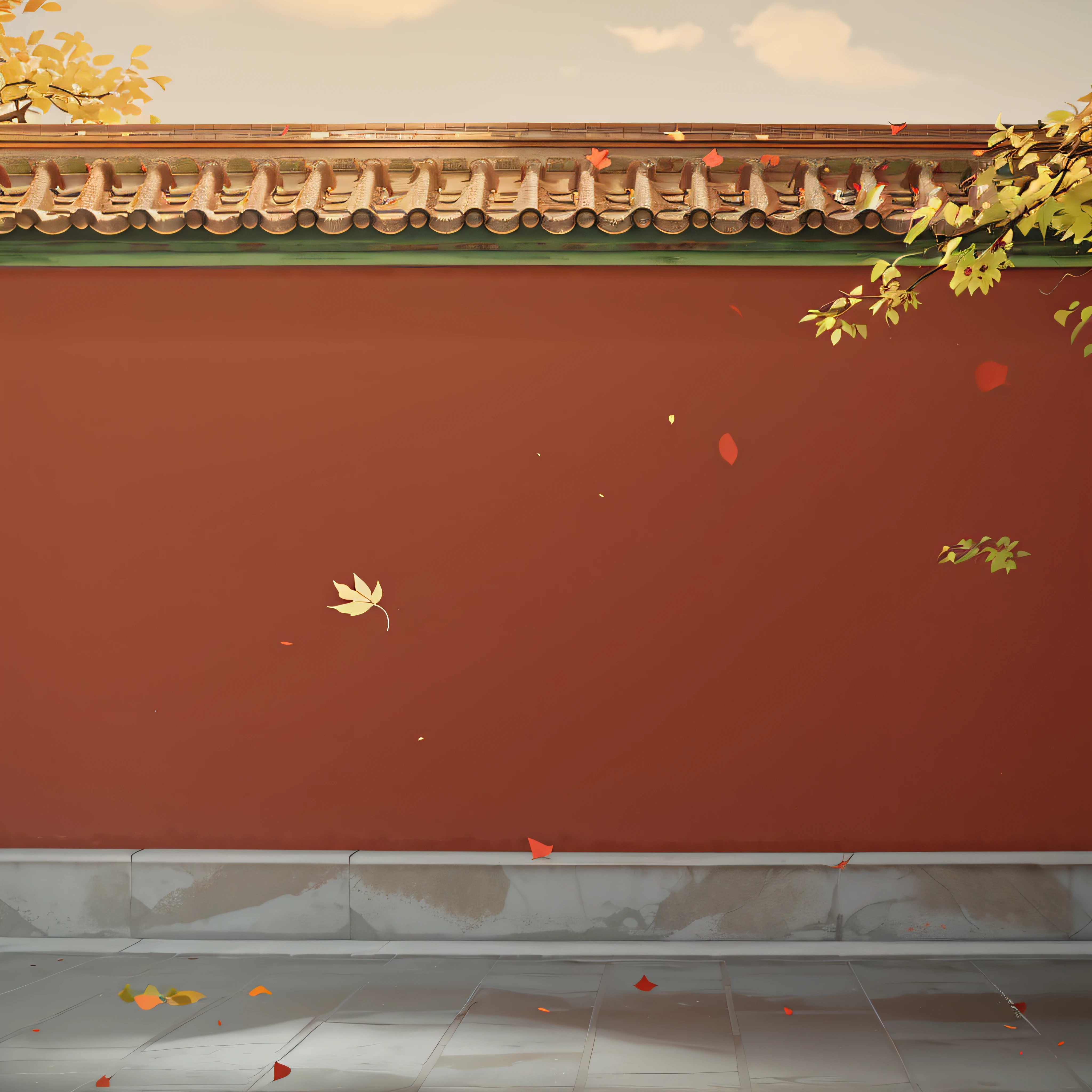 Red Wall, background depicting a temple, Detailed scenery —width 672, inspired by Chen Hongshou, author：Li Tiefu, random background scene, inspired by Chen Daofu, author：Shen Zhecai, museum background, Temple background, flying leaves on backround