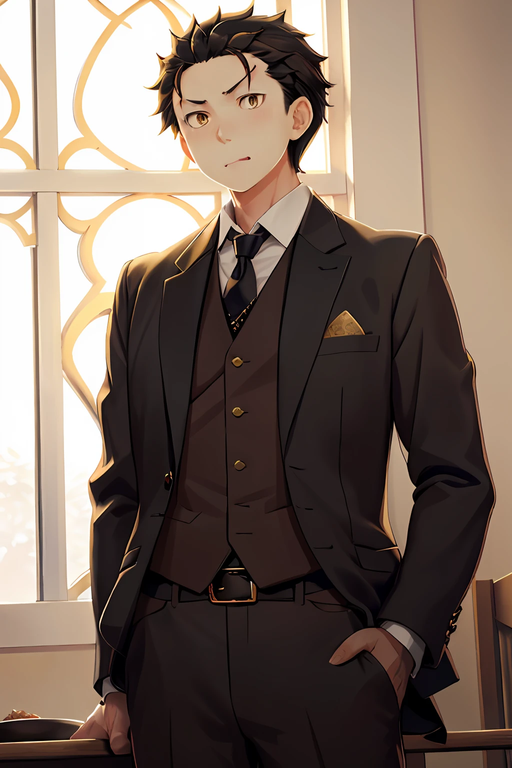 （1 Adult male），A high resolution， Sharp focus， Pixiv masterpiece， （（Complicated details））， highly  detailed， natsuki_subaru， 1 man， with her mouth open，drools，full bodyesbian， Golden eyes（eyes glowing）， with short golden hair，white  shirt，Wear a tie，Wear a belt，perspire，look from down