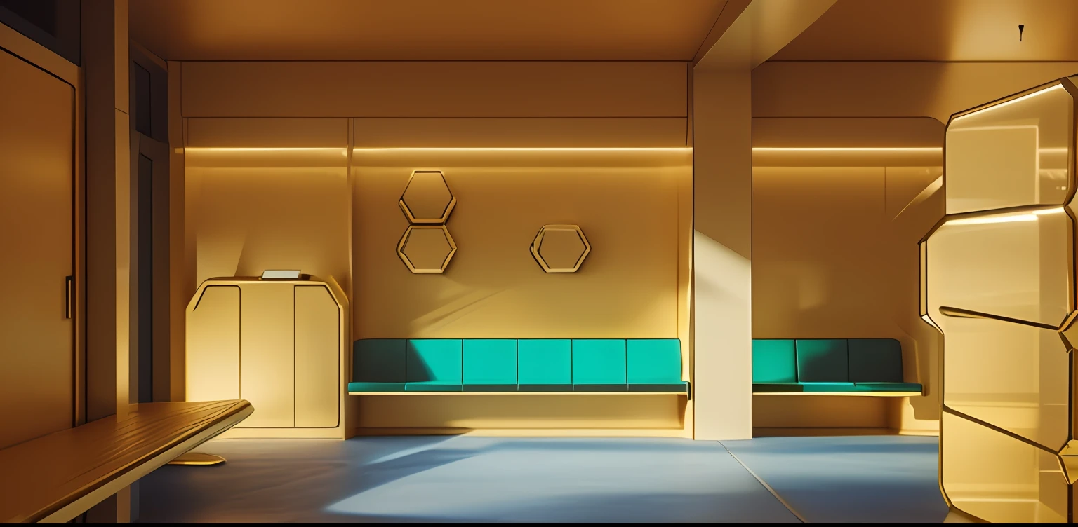 there is a drawing of a room with a bench and a locker, rendered in enscape, inspired by Ryūsei Kishida, waiting room, va-11 hall-a, hexagonal wall, style of mirror\'s edge, finished concept art, interior background, set inside of the bank, futuristic architect, metal, spaceship interior, galaxy decor, gold metal material, god race