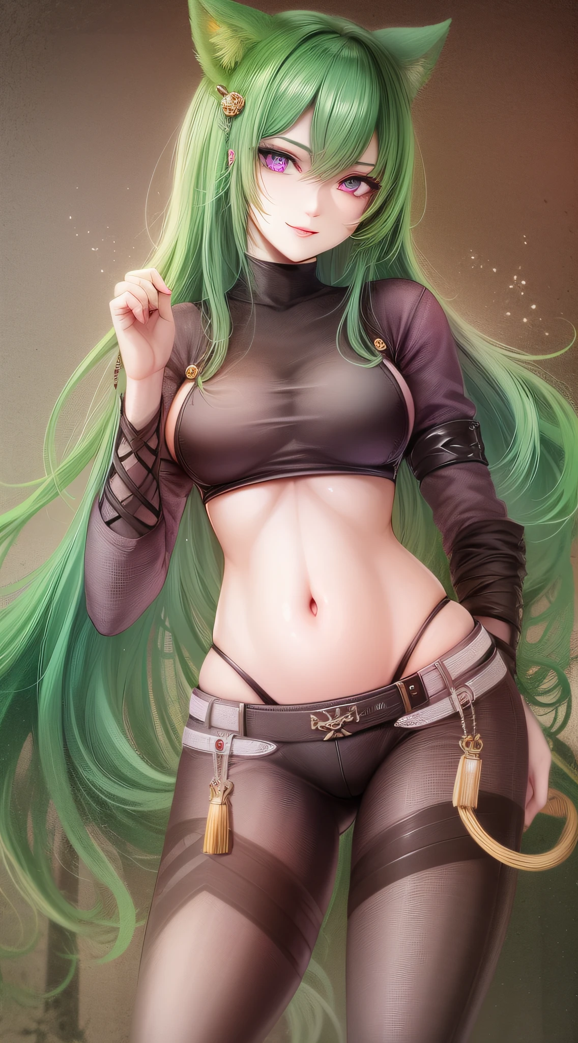 Young girl, long green hair, purple eyes, cat ears, smirk, superhero form, pants, open belly, inner sideboob, masterpiece, high quality