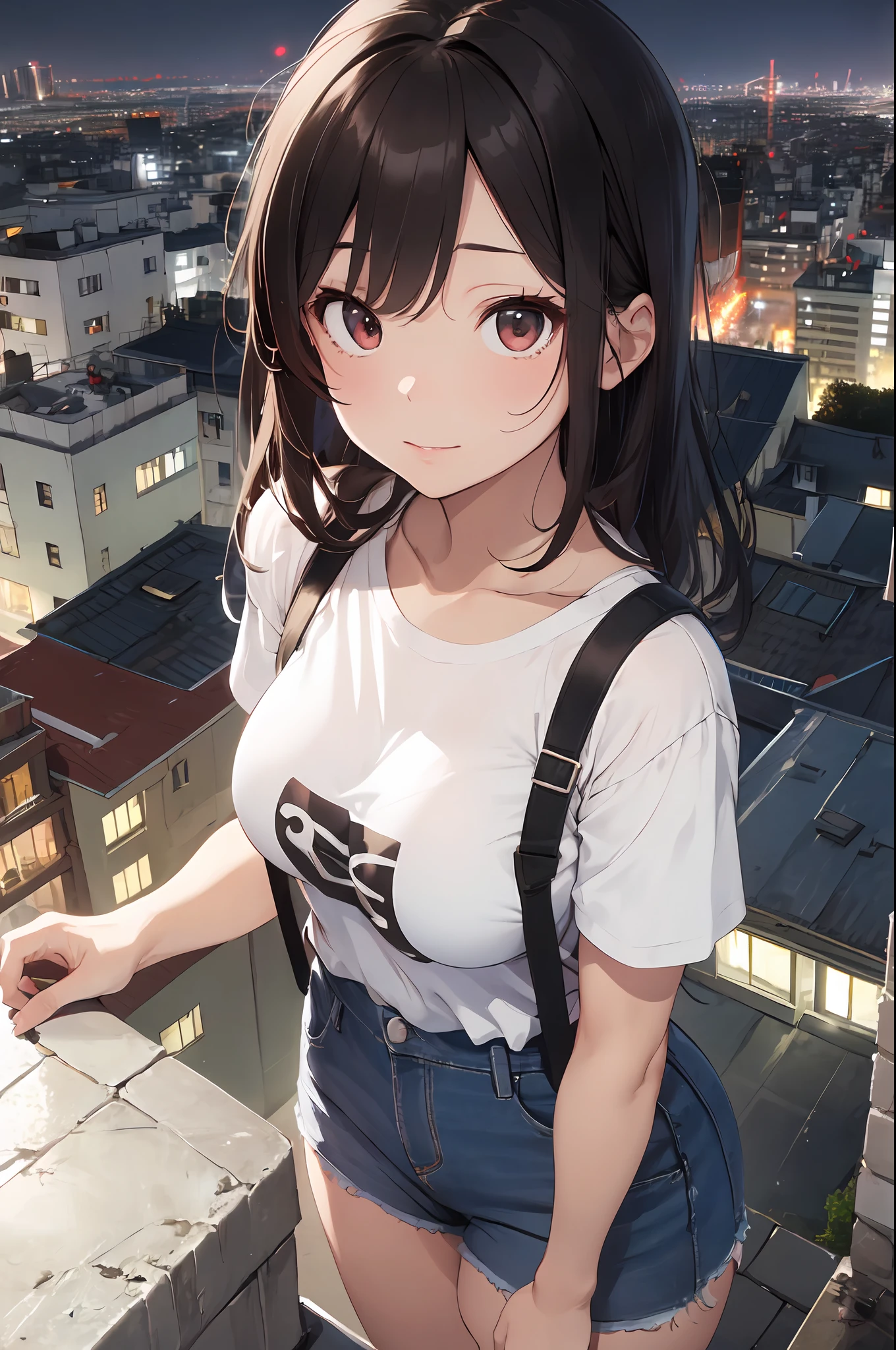 ((Midnight, Best quality, 8k, Masterpiece :1.3)), Whole body, Long legs, Sharp focus :1.2, A pretty woman with perfect figure :1.4, Slender abs :1.1, ((Dark brown hair, Big breasts :1.2)), (White tight tshirt, Jean bib, Standing:1.2), ((Night city view, Rooftop:1.3)), Highly detailed face and skin texture, Detailed eyes, Double eyelid