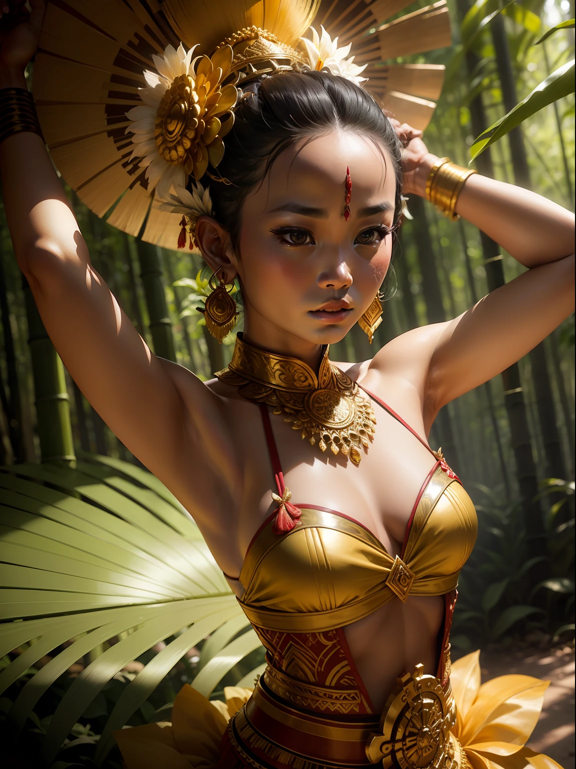 A Dramatic balinese traditional dancer who dance in the middle of a bamboo forest wearing traditional balinese clothing, cinematic, extreem realistic, extreem detailed, extreem Sharp, middle close-up shot