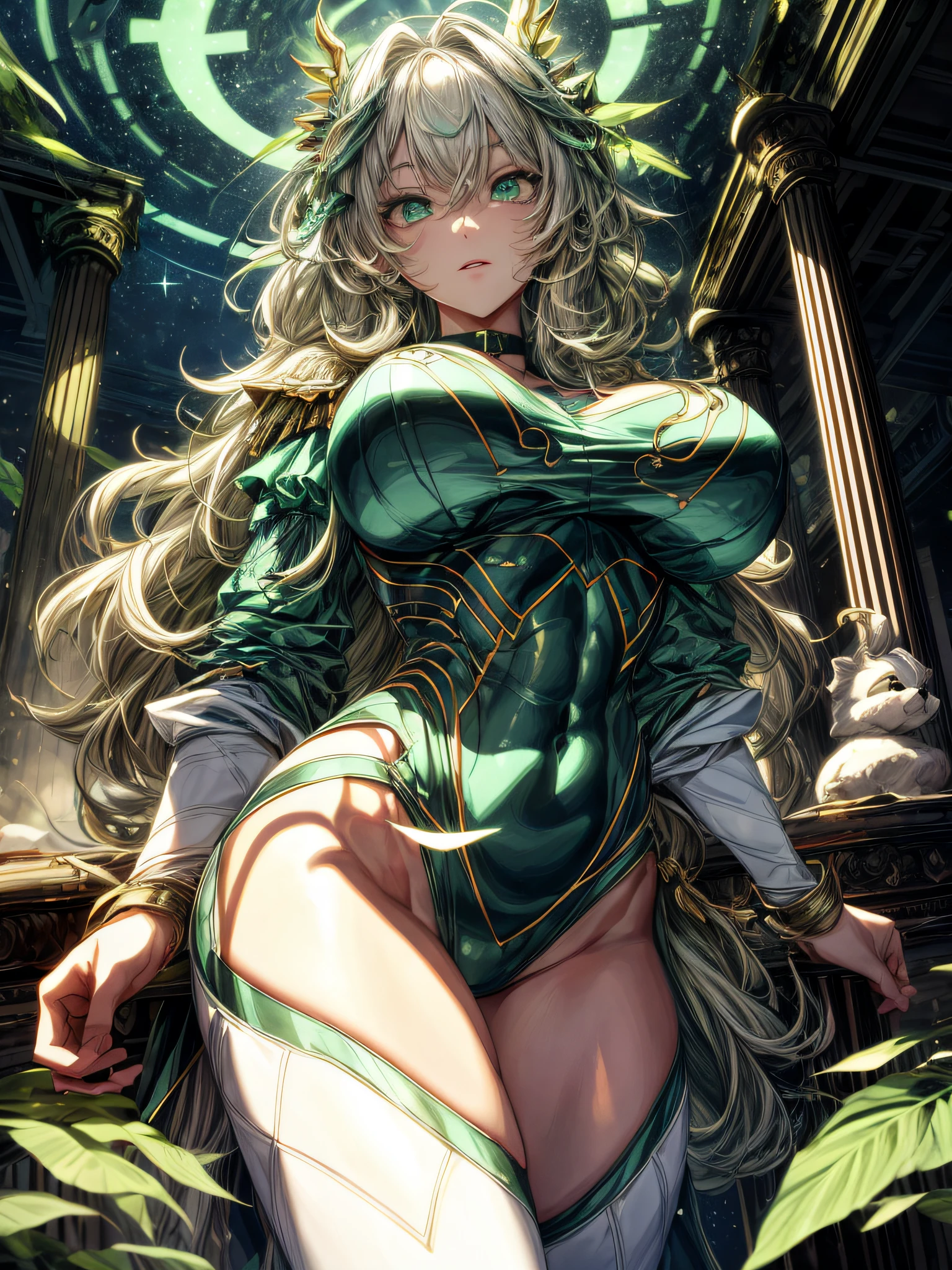 (best lighting) , (super-complex details) , 4K unified, (super-detailed CG: 1.2) , (8K: 1.2),(original), (masterpiece) , (best quality),(Masterpiece:1.4),Anime-ish high quality,(masterpiece),masterpiece, solo, best quality, absurdres,((Masterpeace, 4k, 8k, highres)),((masterpiece:1.4, best quality:1.2)),Masterpiece, (((masterpiece))), (((best quality))),1 girl, (Masterpiece), (high quality), (ultra-detailed), amazing giant goddess, glowing halo, giantess, green eyes, glowing eyes, epic, angel wings, choker, blonde hair, wavy hair, very long hair, huge boobs, skinny waist, long legs, clouds, vibrant colors, stars, Rnatin, glowing, glowing eyes, green eyes