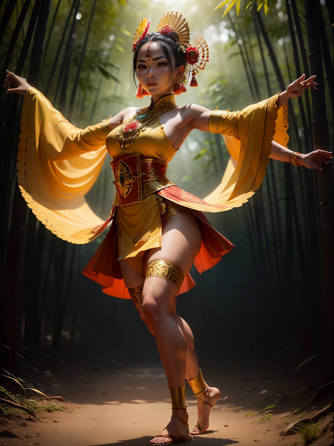 A Dramatic Javanese traditional dancer who dance in the middle of a bamboo forest wearing traditional Javanese clothing with good attitude looking as asian culture, cinematic, extreem realistic, extreem detailed, extreem Sharp, full body shot