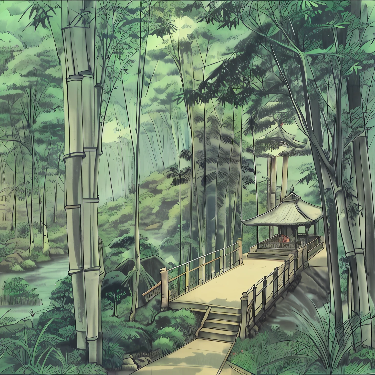 bamboo forrest，trail，Canopy，Pagoda temple outside the canopy，Peaceful，A tranquil，a paradise，Sky Sun