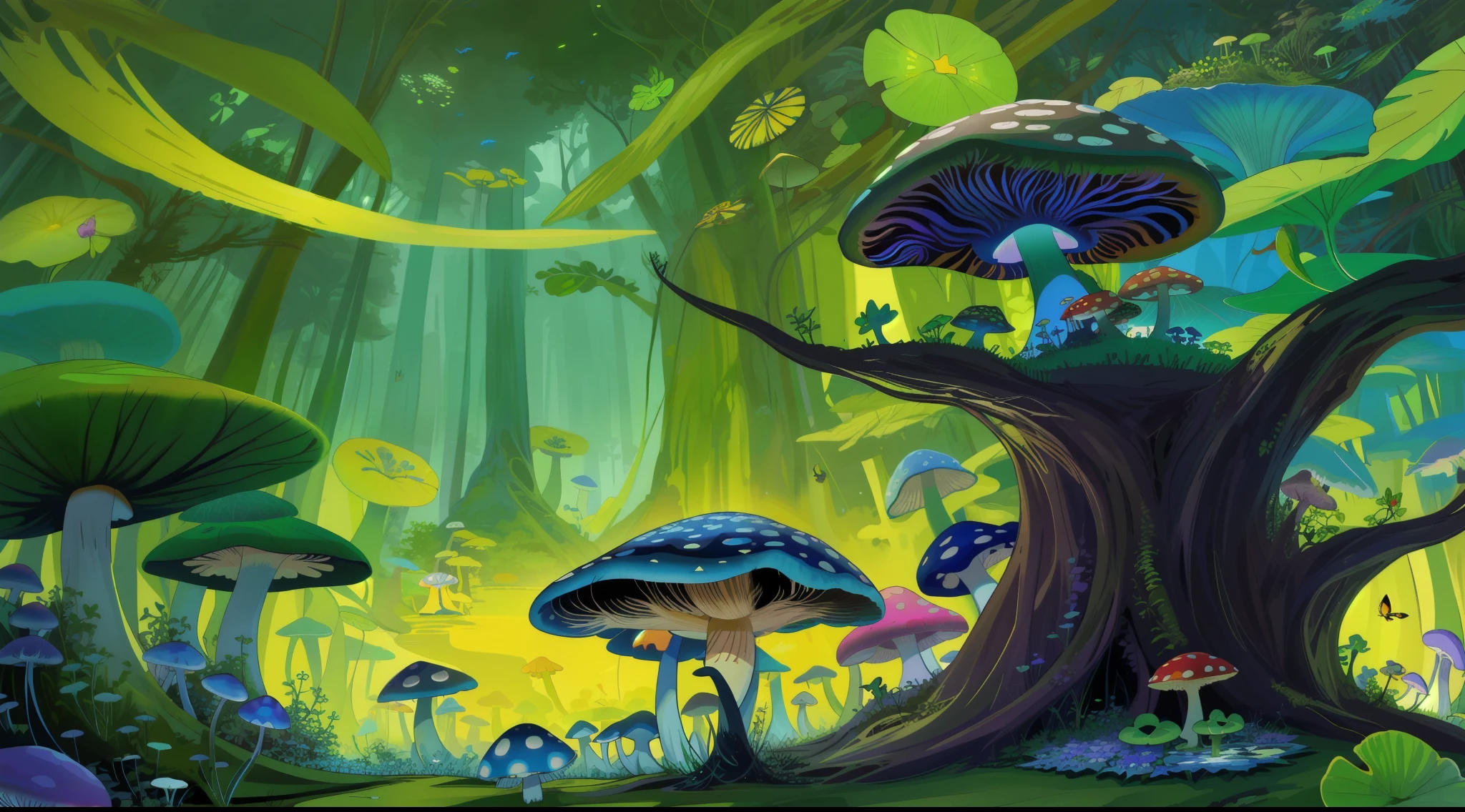 "Mushroom forest with glass goblet，s fractal art，rios，crystal，morning glory，butterflys，Various insects，tropical fishes，rosette，lotuses，four-leaf clover，morning glory，peach blossom，Cyber Mushroom Forest，Ultra-detailed digital fantasy art。Mushrooms are everywhere in the picture，The unique mushroom shape creates a magical casa scene。"