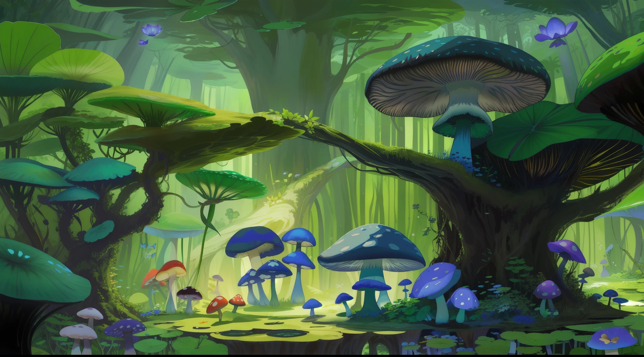 "Mushroom forest with glass goblet，s fractal art，rios，crystal，morning glory，butterflys，Various insects，tropical fishes，rosette，lotuses，four-leaf clover，morning glory，peach blossom，Cyber Mushroom Forest，Ultra-detailed digital fantasy art。Mushrooms are everywhere in the picture，The unique mushroom shape creates a magical casa scene。"