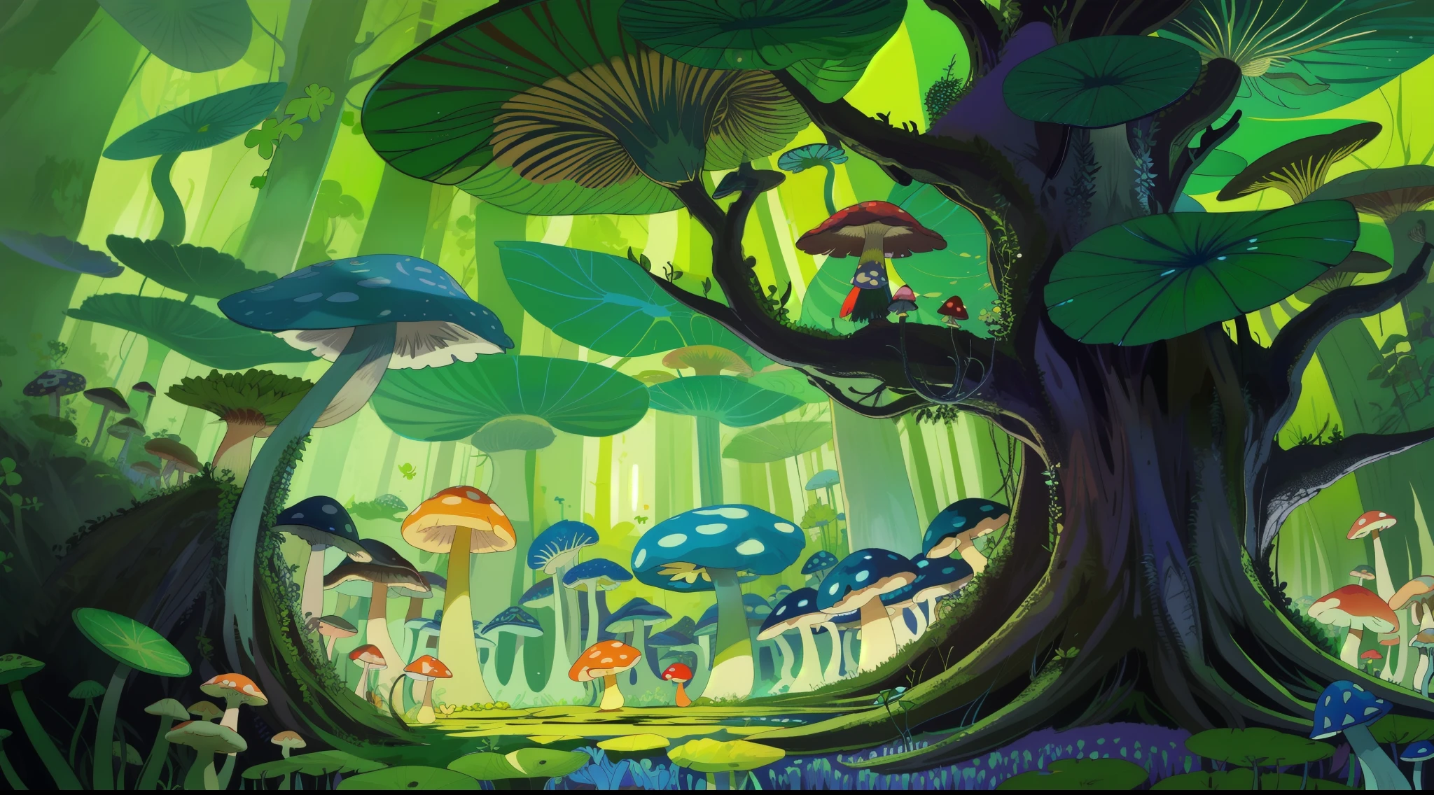 "Mushroom forest with glass goblet,s fractal art,rios,crystal,morning glory,butterflys,Various insects,tropical fishes,rosette,lotuses,four-leaf clover,morning glory,peach blossom,Cyber Mushroom Forest,Ultra-detailed digital fantasy art。Mushrooms are everywhere in the picture,The unique mushroom shape creates a magical casa scene。"