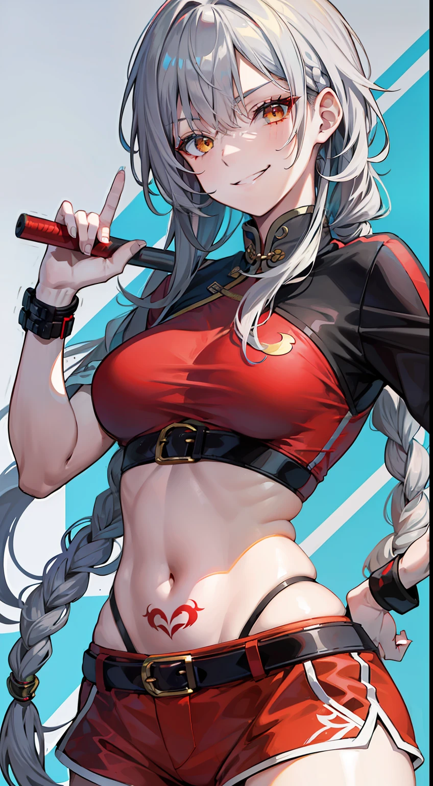 Adult woman, Gray hair in a long braid, golden eyes, sporty figure, Chinese turquoise top, Red Shorts, Tonfa, Tatoo, smirk, Masterpiece, hiquality