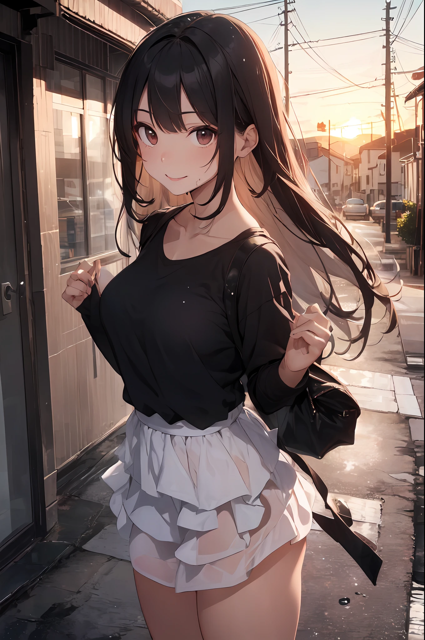 ((Top Quality, 8K, Masterpiece: 1.3)), Focus: 1.2, Perfect Body Beauty: 1.4, Ass: 1.2, ((Layered Haircut, Breasts: 1.2)), (Wet Clothes: 1.1), (Sunset, Street: 1.3), Bando Dress: 1.1, Highly Detailed Face and Skin Texture, Narrow Eyes, Double Eyelids, Whitening Skin, Long Hair, (Shut Up: 1.3), Smile
