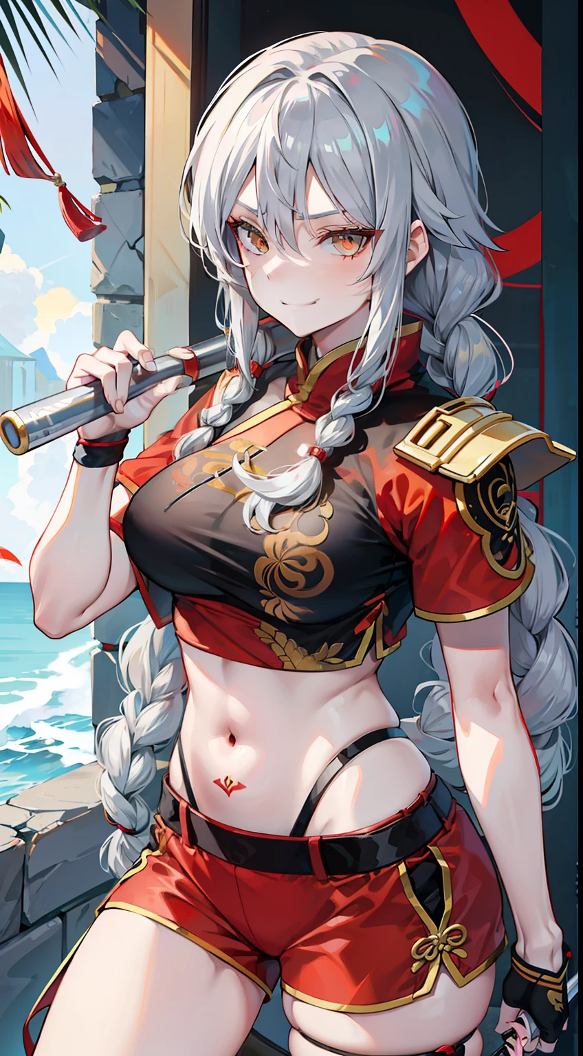 Adult woman, Gray hair in a long braid, golden eyes, sporty figure, Chinese turquoise top, Red Shorts, Tonfa, Tatoo, smirk, Masterpiece, hiquality