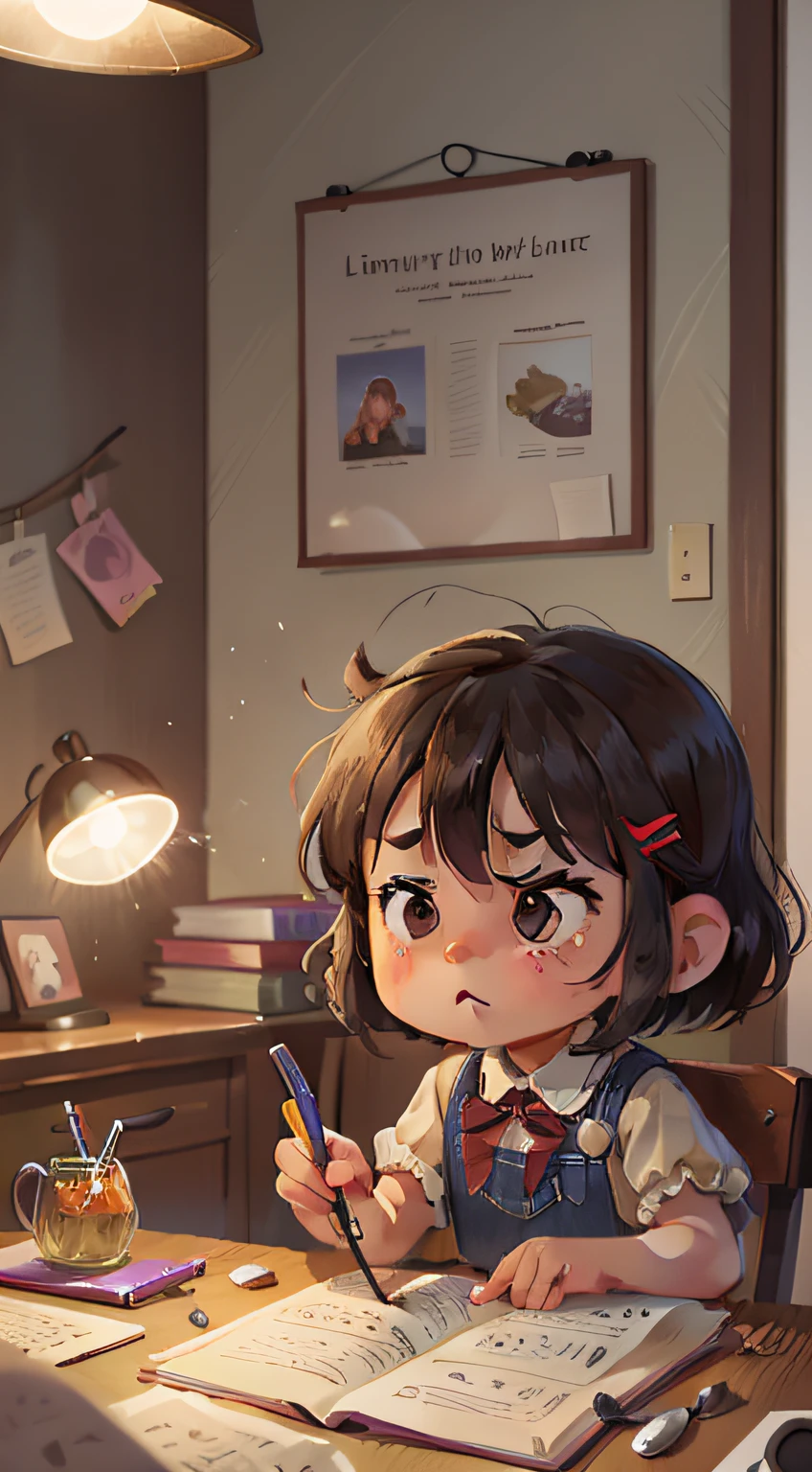 doing questions at the desk,the night,table light(Dining hall:0.8),(tmasterpiece:1.2),(realisticlying:1.2),(Bokeh),(best qualityer),(Detailed skins:1.3),(intricately details),(8K),(eye detailed),(sharp-focus),(Unhappy)。