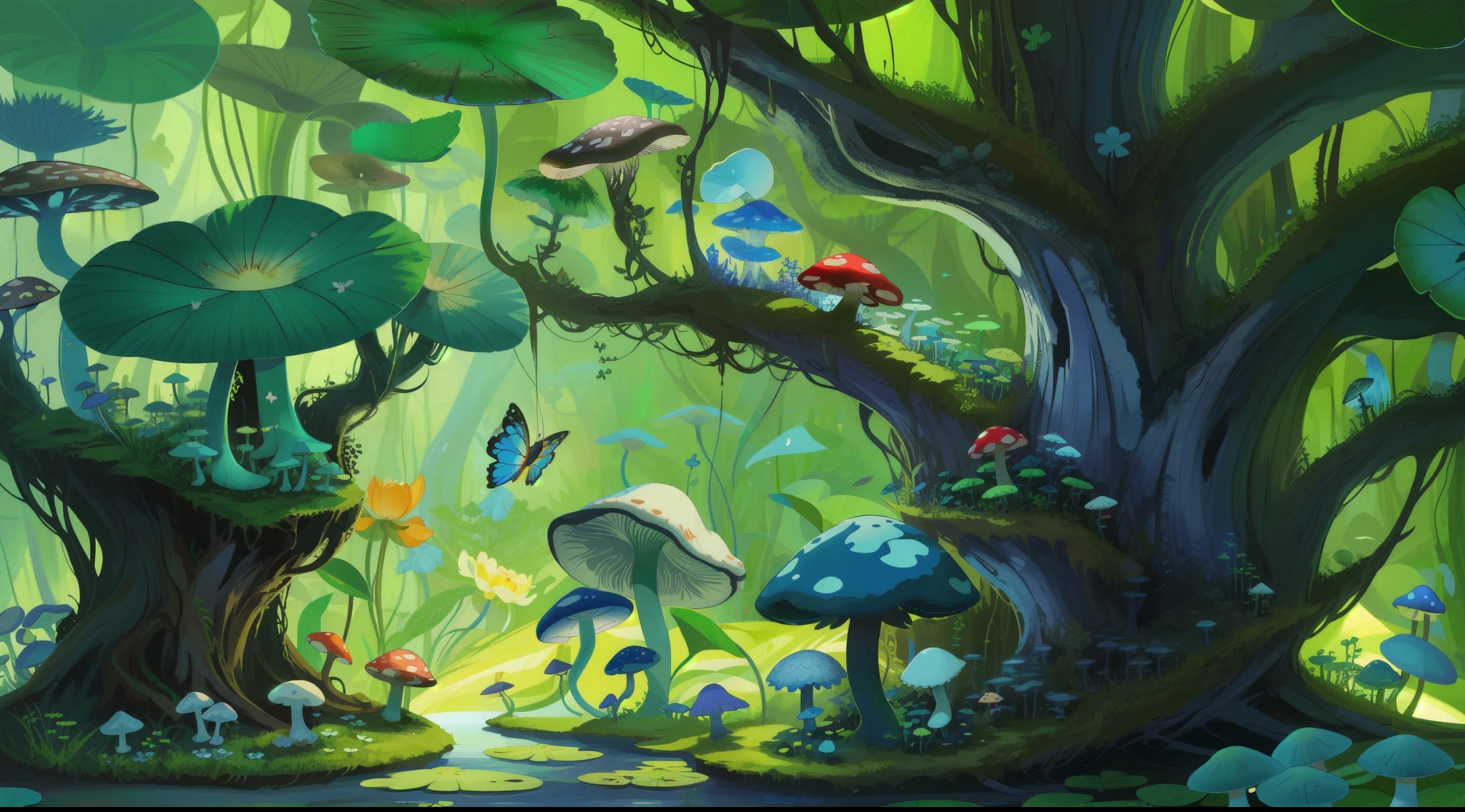 "Mushroom forest with glass goblet,s fractal art,rios,crystal,morning glory,butterflys,Various insects,tropical fishes,rosette,lotuses,four-leaf clover,morning glory,peach blossom,Cyber Mushroom Forest,Ultra-detailed digital fantasy art。Mushrooms are everywhere in the picture,The unique mushroom shape creates a magical casa scene。"