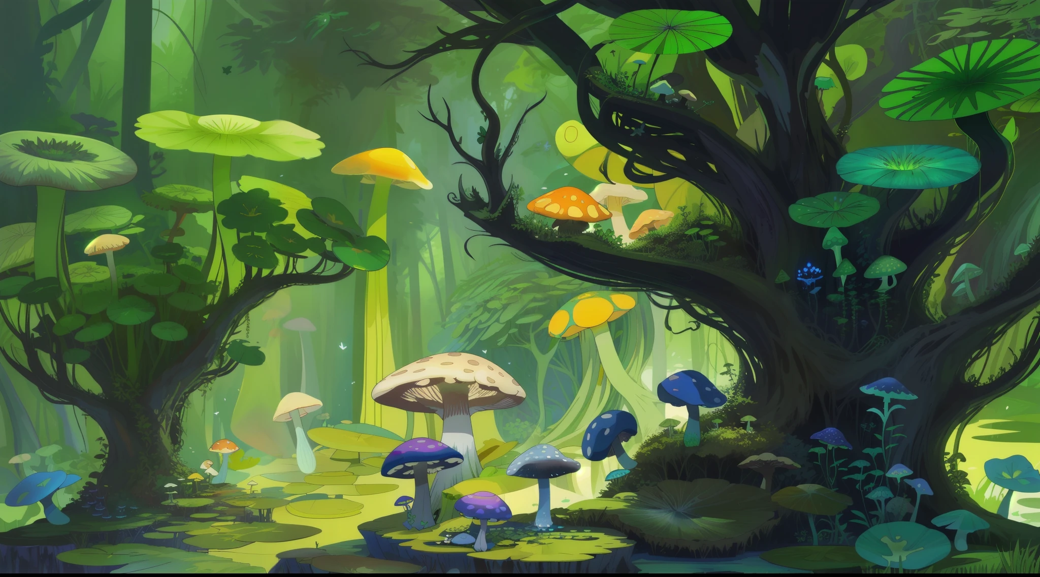 "Mushroom forest with glass goblet,s fractal art,rios,crystal,morning glory,butterflys,Various insects,tropical fishes,rosette,lotuses,four-leaf clover,morning glory,peach blossom,Cyber Mushroom Forest,Ultra-detailed digital fantasy art。Mushrooms are everywhere in the picture,The unique mushroom shape creates a magical casa scene。"