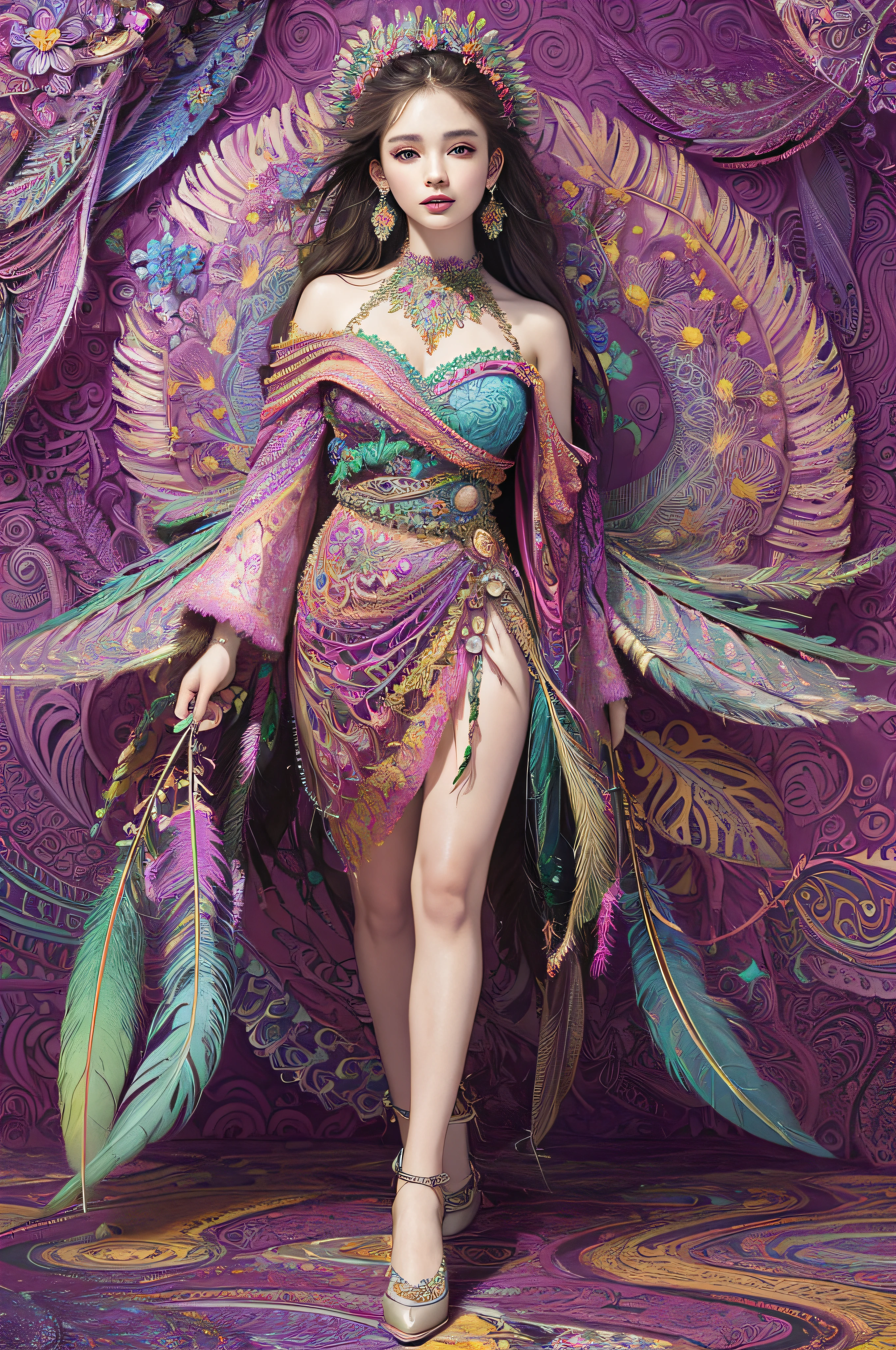 (masterpiece, top quality, best quality, official art, beautiful and aesthetic:1.2), (1girl:1.3), extremely detailed,(fractal art:1.1),(colorful:1.1)(flowers:1.3),highest detailed,(zentangle:1.2), full body, (abstract background:1.3), (shiny skin), (many colors:1.4), ,(earrings), (feathers:1.5),