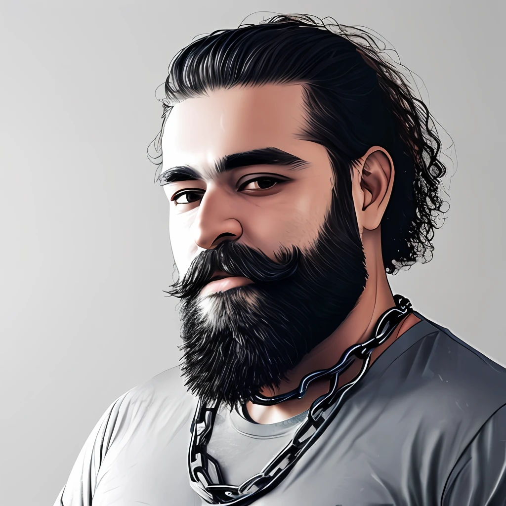 There is a man with a beard and chain around his neck, with a full black beard, full beard, thick black beard, profile picture, full silver beard, with black beard and shirt, thick beard, bearded man, about 30 years old, man with beard, black curly beard