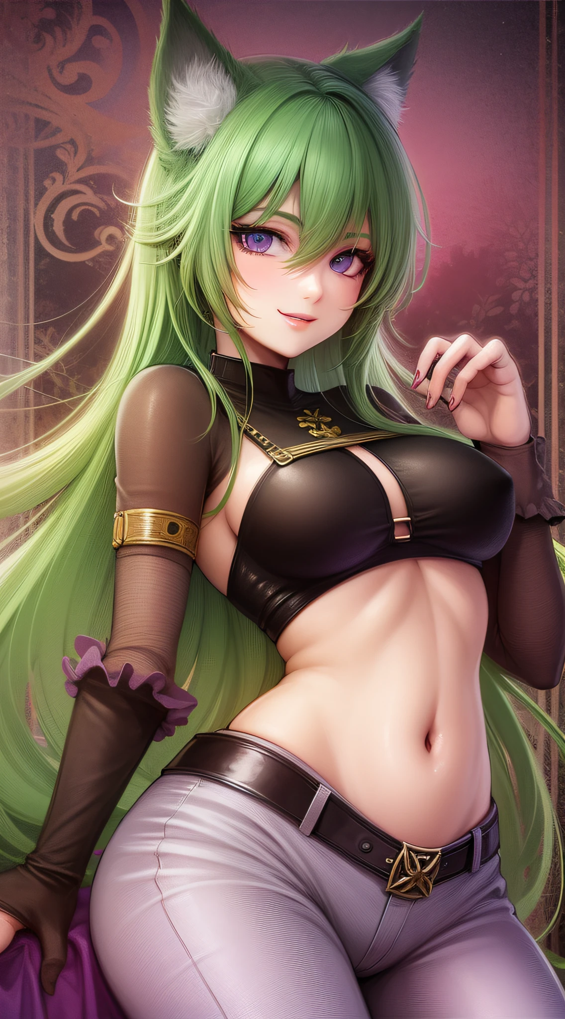 Young girl, long green hair, purple eyes, cat ears, smirk, superhero form, pants, open belly, inner sideboob, masterpiece, high quality