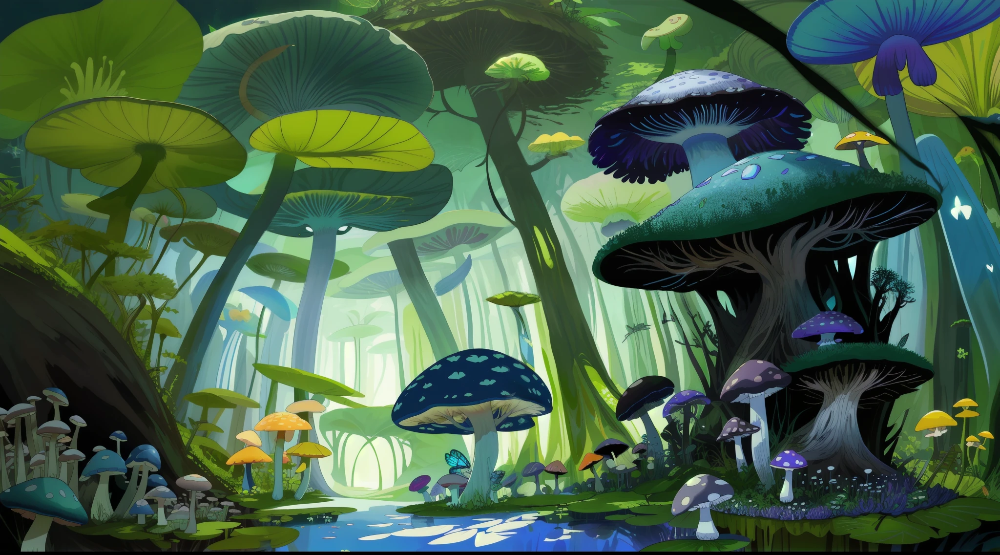 "Mushroom forest with glass goblet,s fractal art,rios,crystal,morning glory,butterflys,Various insects,tropical fishes,rosette,lotuses,four-leaf clover,morning glory,peach blossom,Cyber Mushroom Forest,Ultra-detailed digital fantasy art。Mushrooms are everywhere in the picture,The unique mushroom shape creates a magical casa scene。"