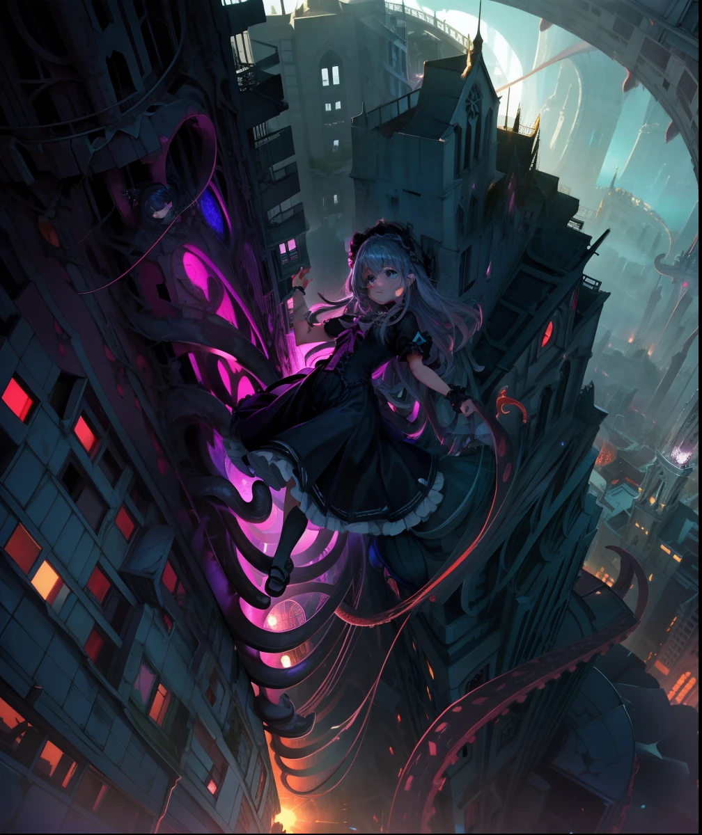 A huge beautiful girl is looking down on us from the top of a building. Girl leaning from the roof of a building. Girl wears a purple Gothic ta style dress. The girl has a young vibe. Her eyes are huge. she is smiling. Wriggling tentacles. The building is an abandoned church. cliff. Mare.