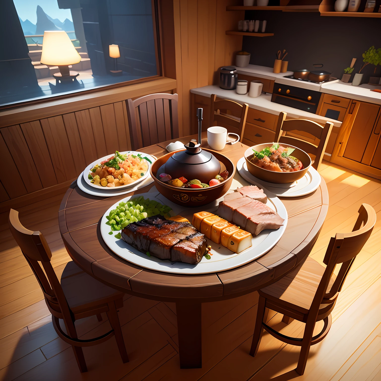 fantasy-inspired、Game Scene Atmosphere Map、pixer style、A few plates of food on the table、large chunks of burnt meat、Stewed meat、Steamed fish、Insect dishes、Table-filling dishes、Glass Drink Cup、Restaurant at night、casual play style、Low-poly、Low-poly、Supreme Detail、3D、masterpiece、top-quality、unrealengine、Cartoon rendering、8K