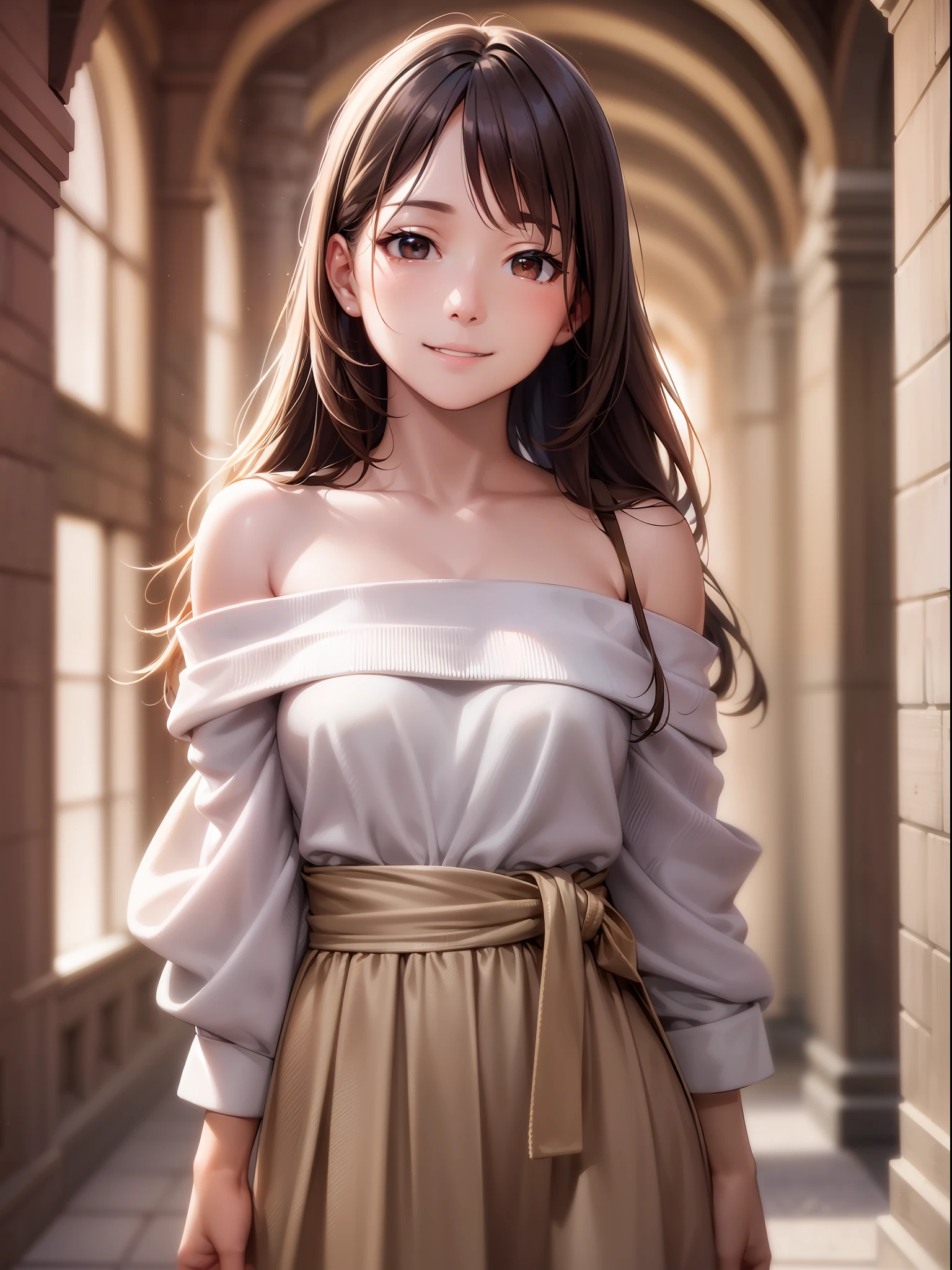 best quality, face focus, soft light, (depth of field) ,ultra high res, (photorealistic:1.4), RAW photo, (portrait:1.4) ,(from front)
1japanese girl, solo, cute, (shy, smile:1.1), (brown eyes), detailed beautiful face, (midi_hair),
The Great Hall of a European Castle, walking,
(off shoulder shirt)