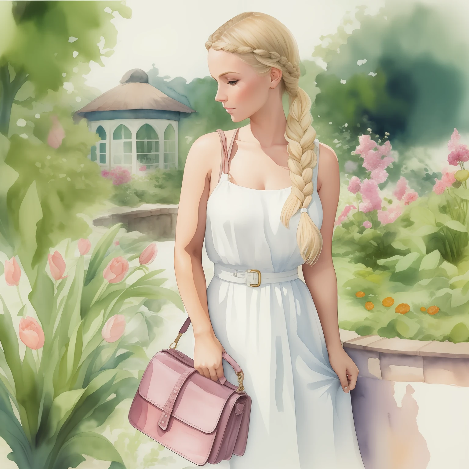 watercolor painting of woman from the coast, blonde hair braided in a white dress with a handbag. is in a garden