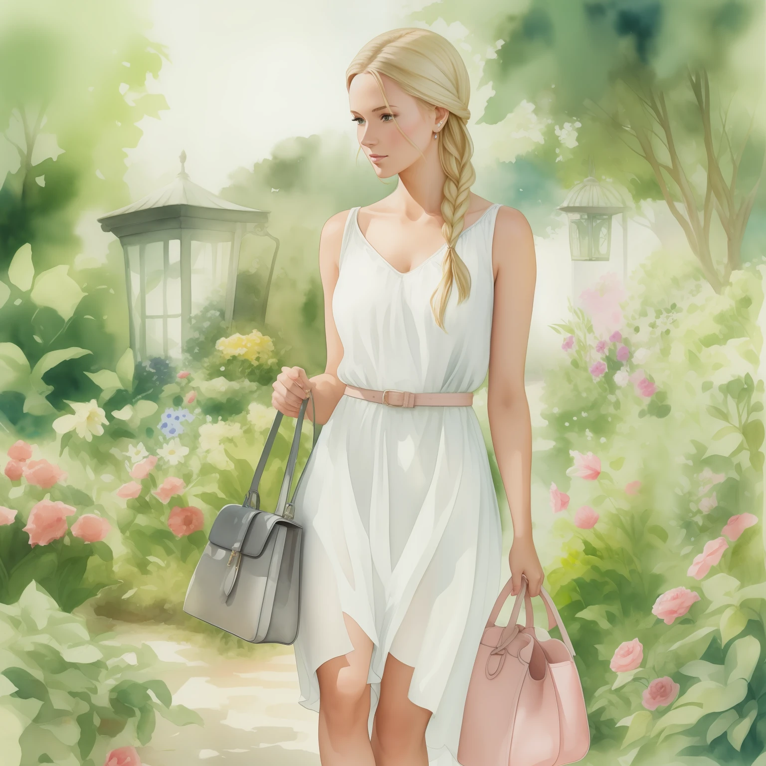 watercolor painting of woman from the coast, blonde hair braided in a white dress with a handbag. is in a garden