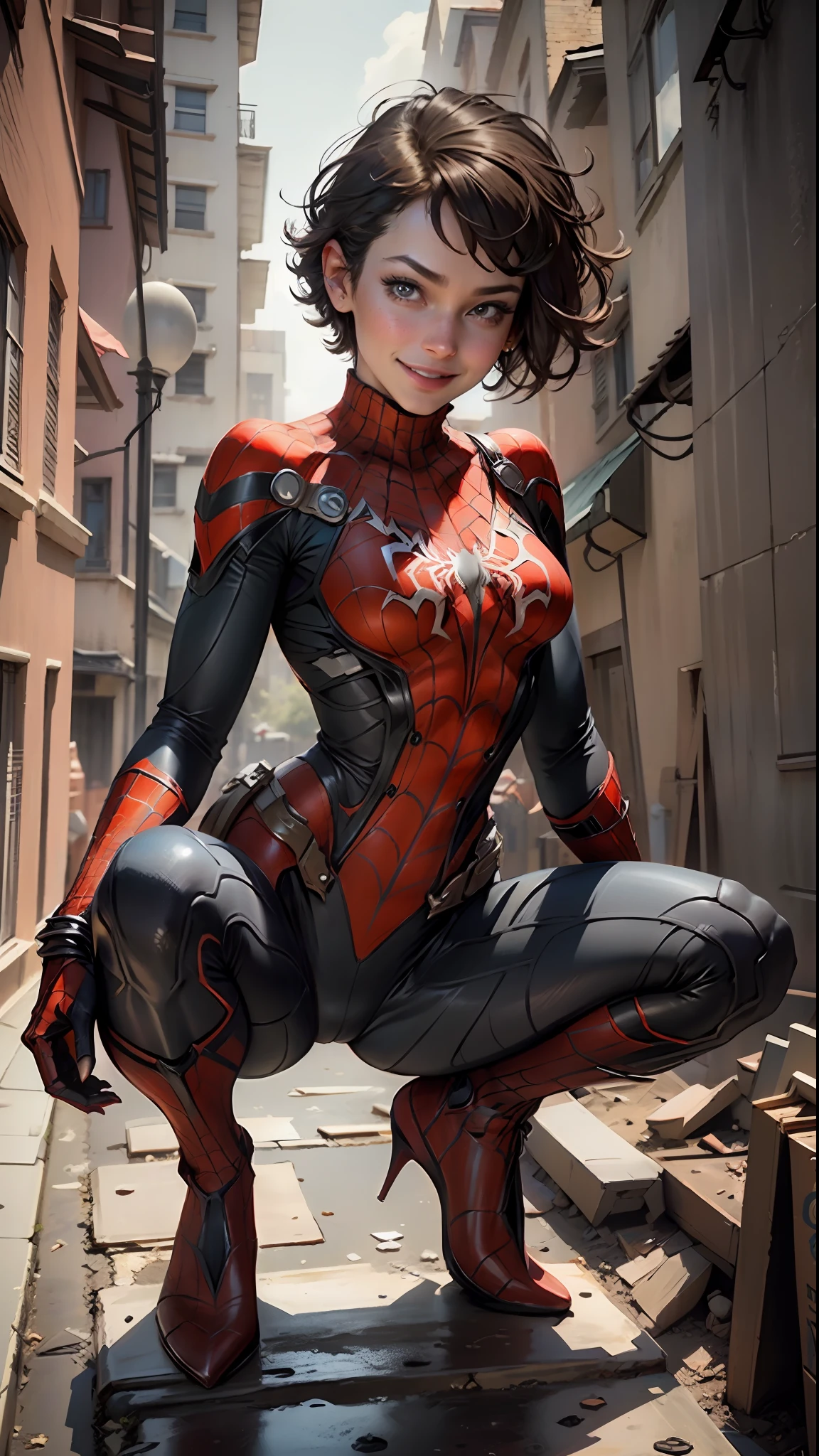 Beautiful woman detailed defined body using Spider-Man role-playing，small  breasts，smiled，exquisite facial features，with short hair，Squat on the roof of a tall building
