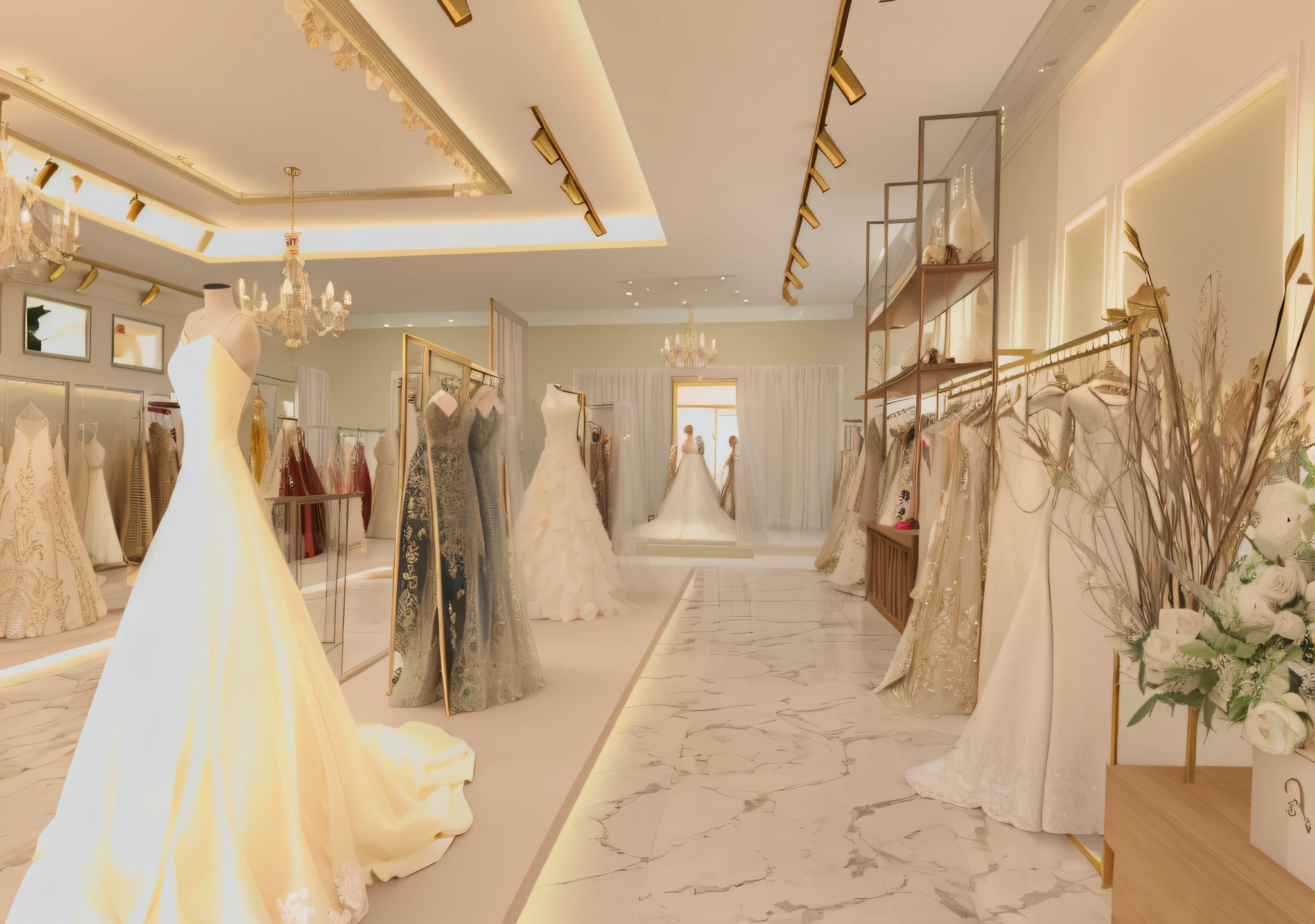 "Enhance the render quality of a luxurious wedding dresses store render, capturing all elements in the same shot."