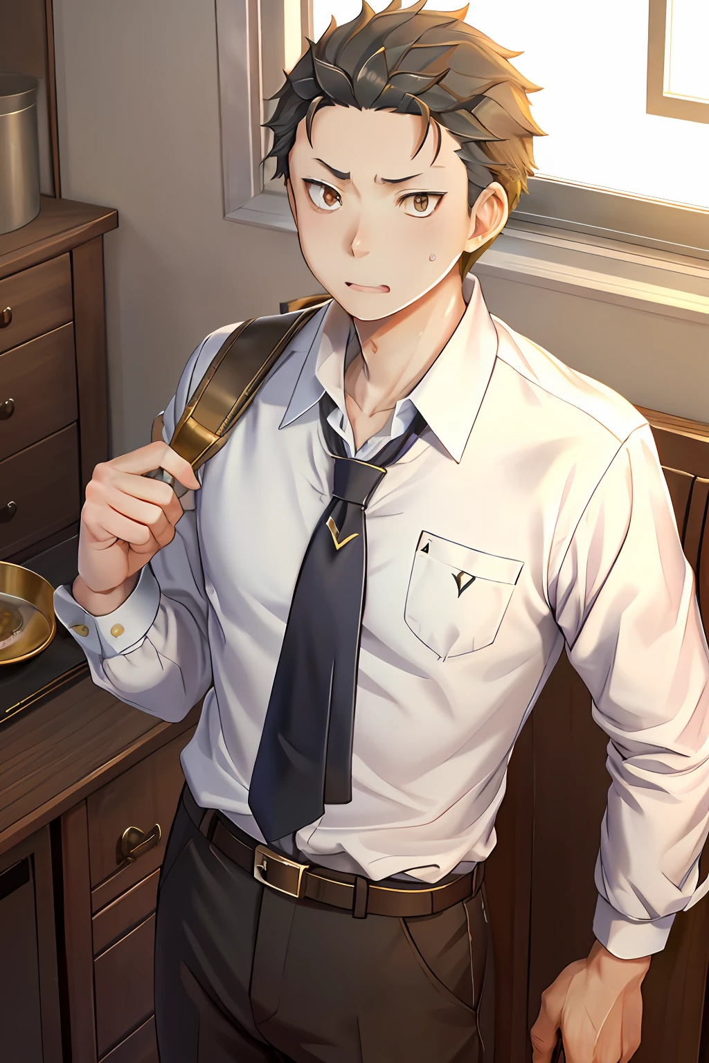 （1 Adult male），A high resolution， Sharp focus， Pixiv masterpiece， （（Complicated details））， highly  detailed， natsuki_subaru， 1 man， with her mouth open，drools，full bodyesbian， Golden eyes（eyes glowing）， with short golden hair，white  shirt，Wear a tie，Wear a belt，perspire，look from down