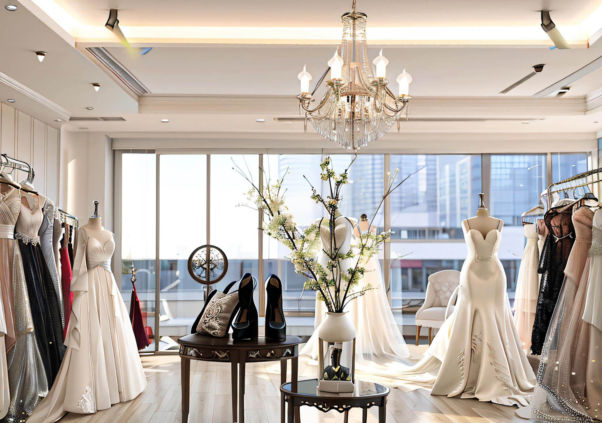 "Enhance the render quality of a luxurious wedding dresses store render, capturing all elements in the same shot."